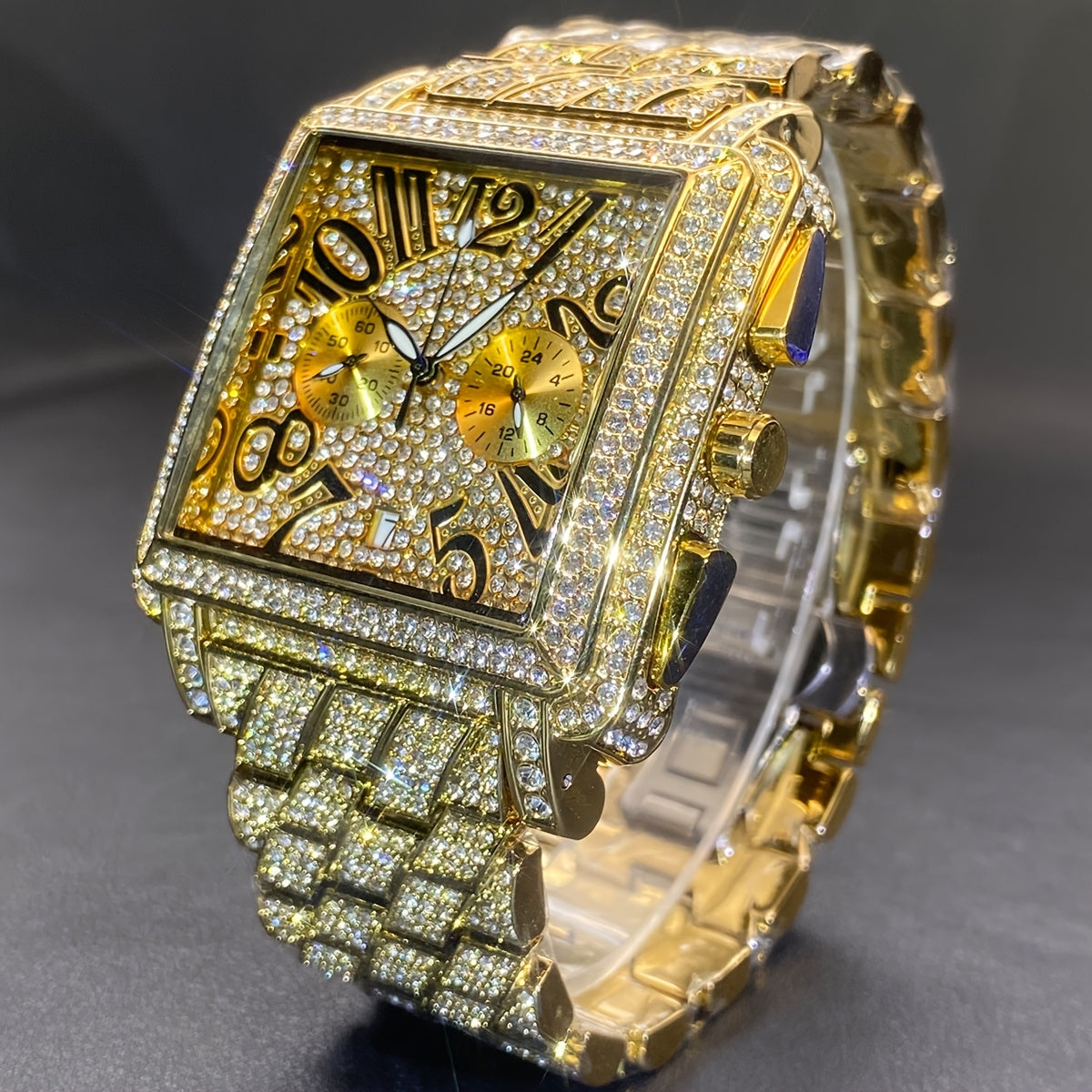 MISSFOX Men'S Luxury Hip-Hop Watch - Golden-Tone Quartz Movement with Date/Calendar, Square Dial & Roman Numeral Display, Sparkling Rhinestone Bezel, Battery-powered Formal/casual Wristwatch For Everyday & Special Events - Id