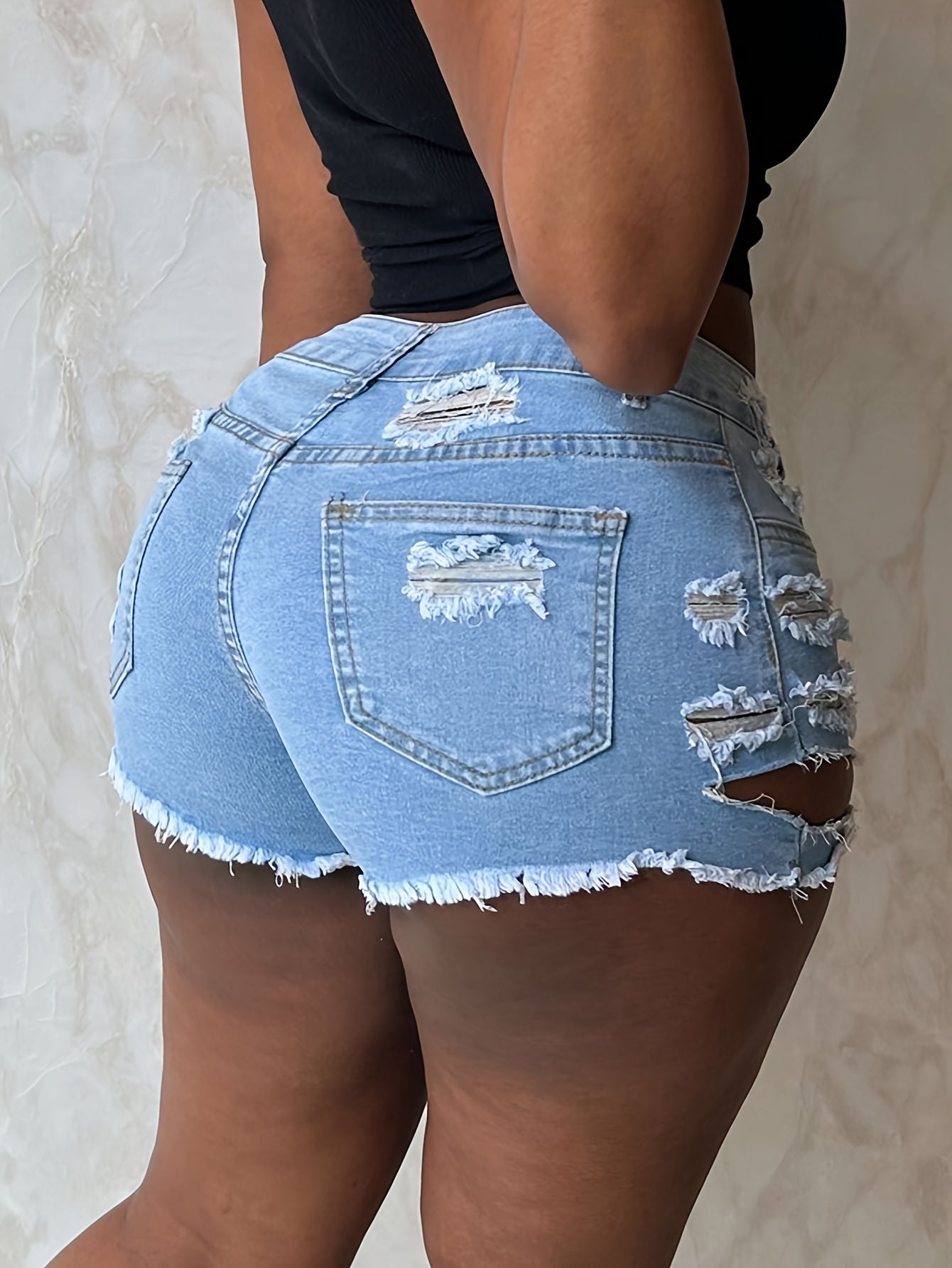 [Multiple Pockets Shorts] Multiple Pockets Frayed Shorts | Front Button, Irregular Holes, For Daily Casual Wear