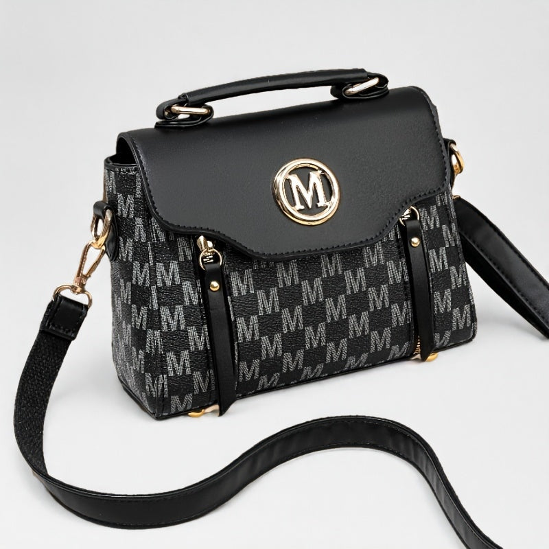 Vintage Geometric Women's Handbag - Large Capacity PU Shoulder Bag with Golden-Tone Hardware, Herringbone Pattern & Letter "M" Design, Detachable Strap, Perfect for Everyday Use (Light Brown/White/Black)
