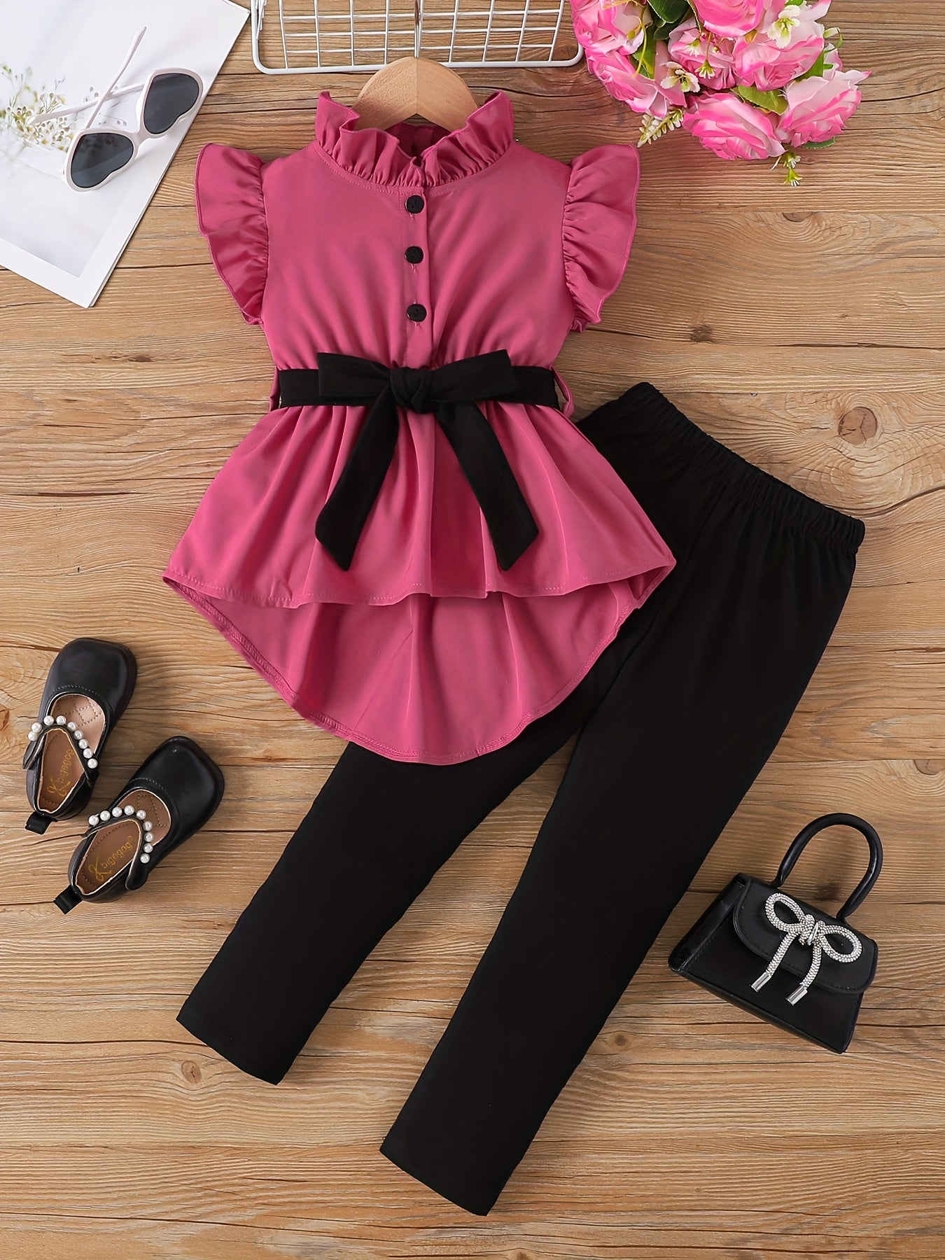 Outdoor Two-Piece Set for Girls, Fashionable Spring/Summer Contrast Belt Flutter Sleeve Half Cardigan with Tie-Waist and Peplum Backless Top + Long Pants, Perfect for Outdoor