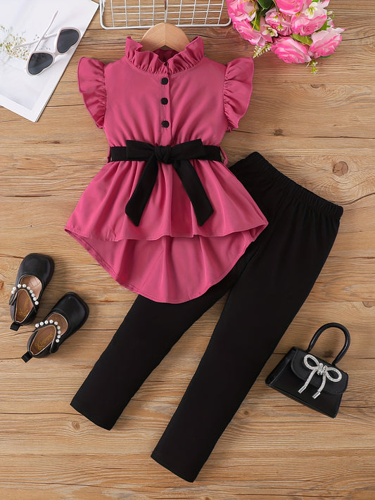 Outdoor Two-Piece Set for Girls, Fashionable Spring/Summer Contrast Belt Flutter Sleeve Half Cardigan with Tie-Waist and Peplum Backless Top + Long Pants, Perfect for Outdoor