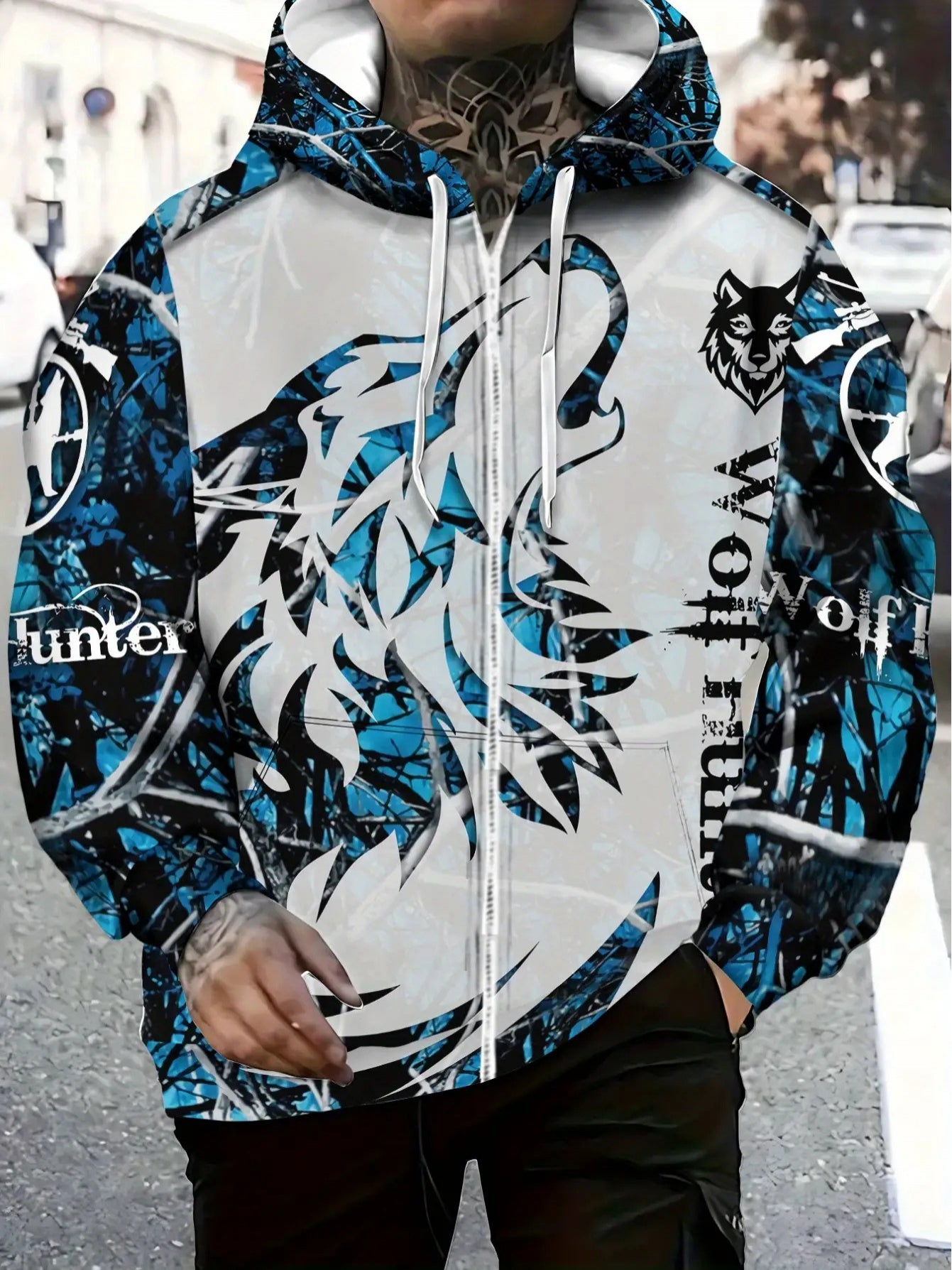 Men's Wolf Print Full-Zip Hoodie Jacket - Turquoise Blue/Black/White Winter Warm Coat with Wolf Logo, Loose Fit Casual Outdoor Sportswear, Machine Washable Full-Zipper Hooded Sweatshirt for Autumn & Cold Weather, PLUS SIZE