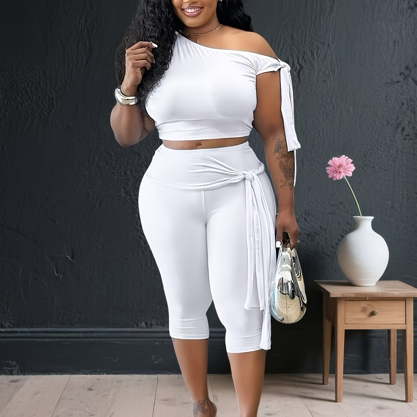 Plus Size - Fashion One-shoulder Strap Two-piece Suit Women'S High Waist Strap Leggings Casual Suit