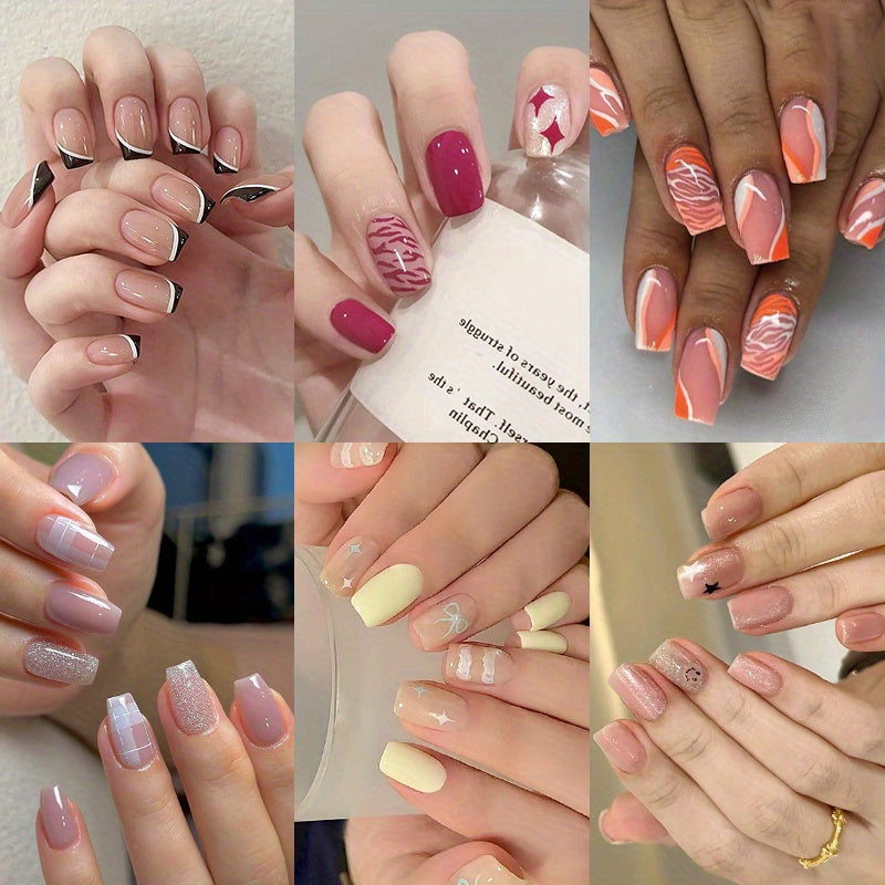 144pcs/6pcs Glitter Press On Nails - Square Medium Length False Nails with Geometric Stripes, Pale Pink & Orange Glossy Acrylic Full Cover Fake Nails with Glue for Women, Spring Summer Nail Art