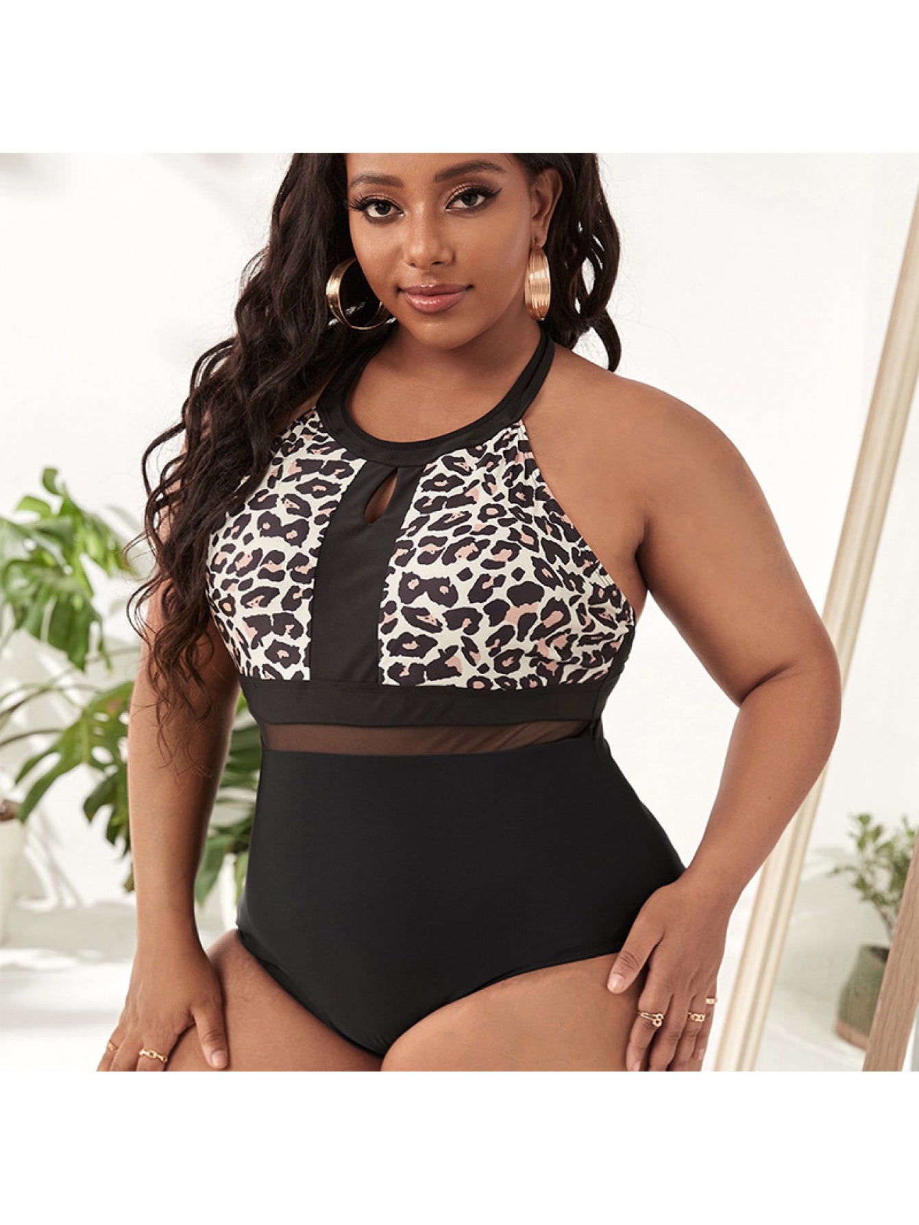 2-Pack Plus-Size Leopard Print Halter One-Piece Swimsuit | Mesh Panel Tummy Control, Belted Bikini with Chest Pad, Stretch Quick-Dry Fabric, Perfect for Summer Vacation Essentials and Pool Cruise Resort Wear