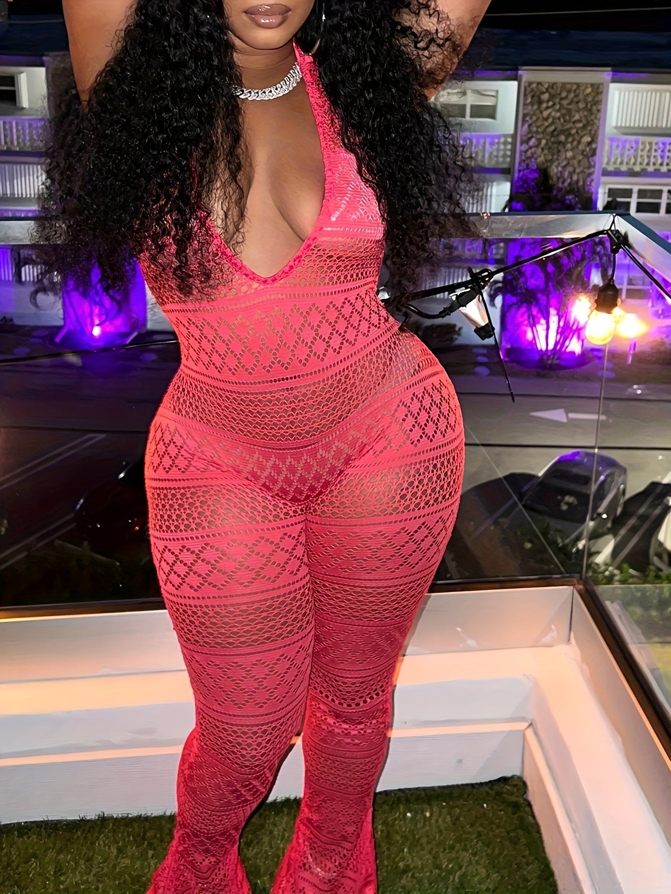 Women's Plus Size Elegant Lace Halter Neck Backless Jumpsuit - Golden Geometric Pattern, Stretchy & Breathable All-Season Wear, Machine Washable Solid Color Fashion Jumpsuit LY026, Plus Size Attire, Sophisticated Craftsmanshi