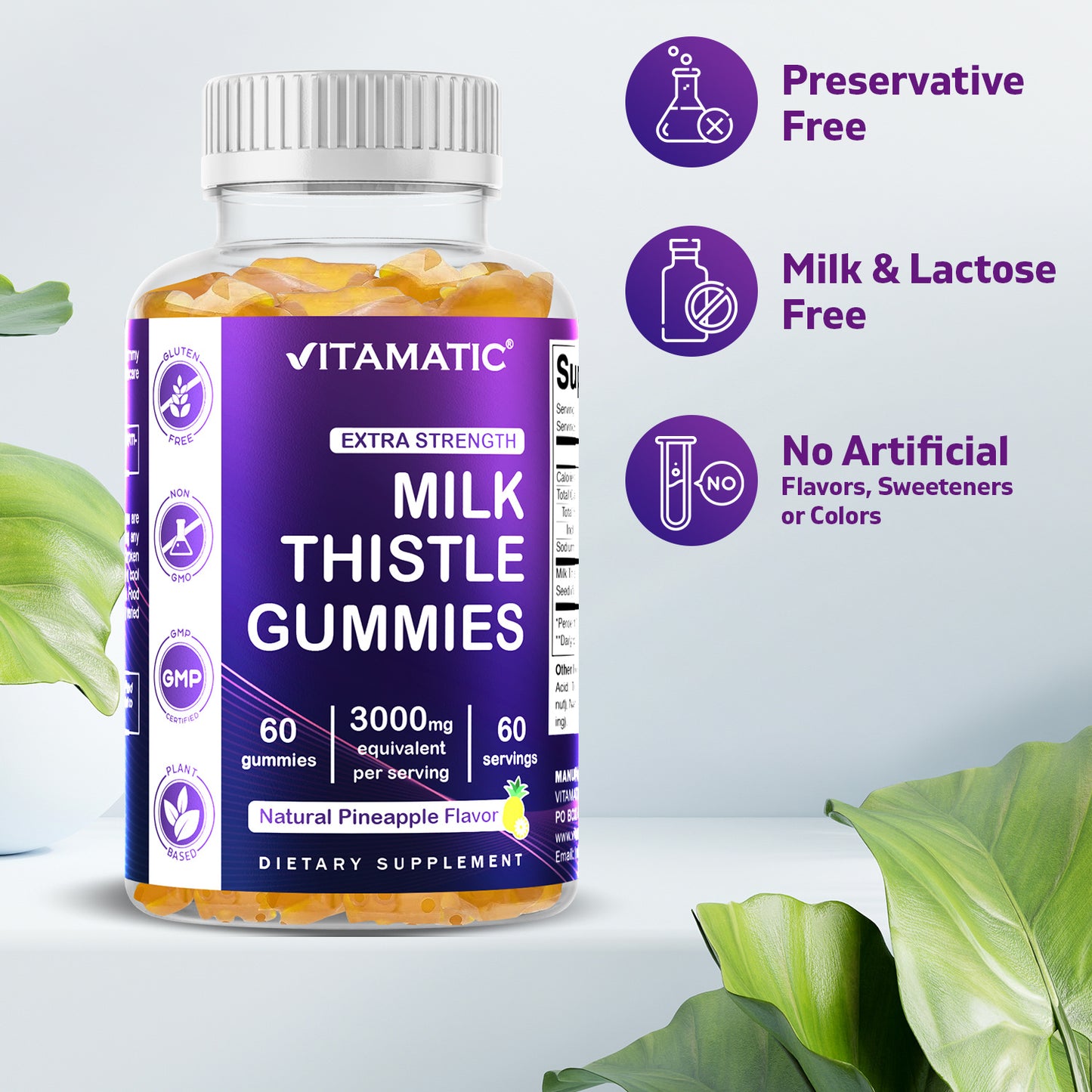 Vitamatic Milk Thistle Gummies - 3000 mg Equivalent - Min. 80% Silymarin Flavonoids - 60 Pectin Based Gummie
