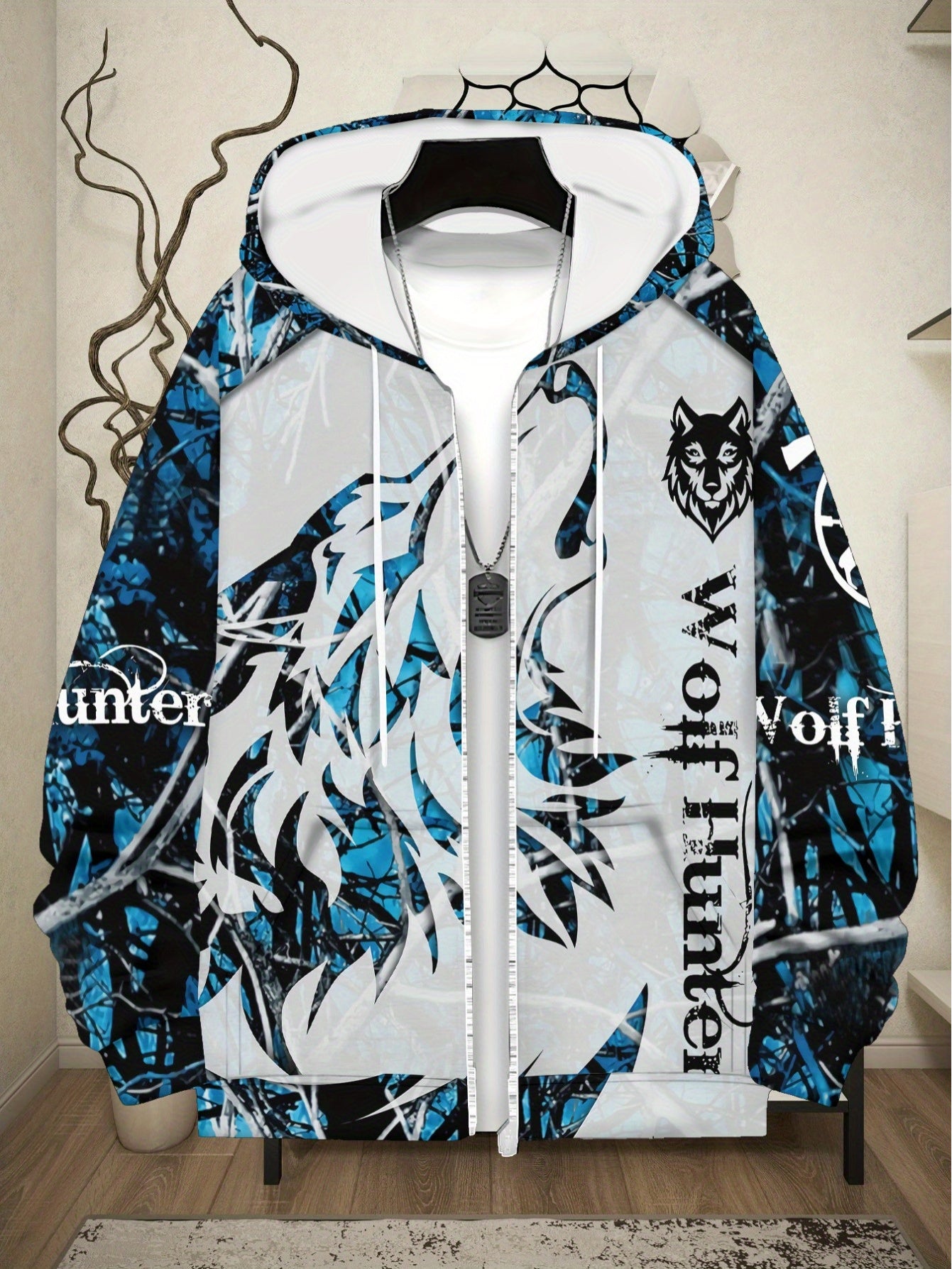 Men's Wolf Print Full-Zip Hoodie Jacket - Turquoise Blue/Black/White Winter Warm Coat with Wolf Logo, Loose Fit Casual Outdoor Sportswear, Machine Washable Full-Zipper Hooded Sweatshirt for Autumn & Cold Weather, PLUS SIZE