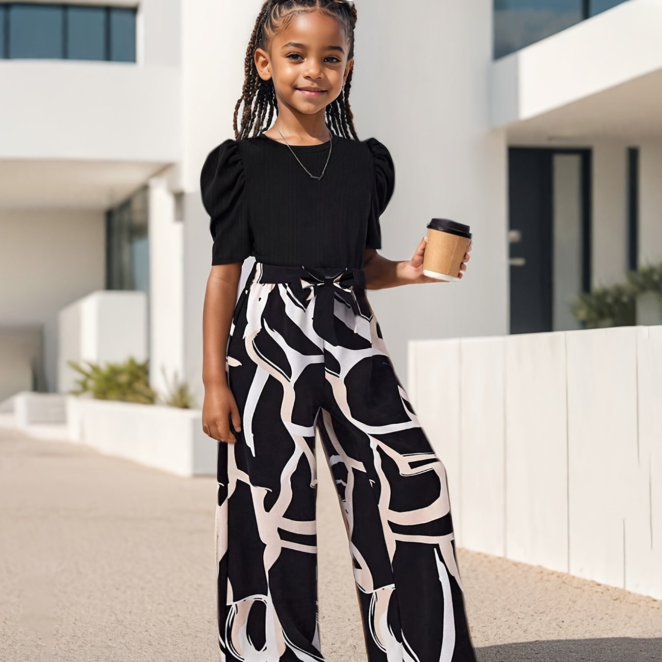 Bubble Sleeve Fashion Simple Top & Stylish Floral Print Wide Leg Pants, Girls' Long Trousers Set, Children's Casual Fashion Wide Leg Outfit Suitable for Ages 3 and Up, Perfect for Outdoor