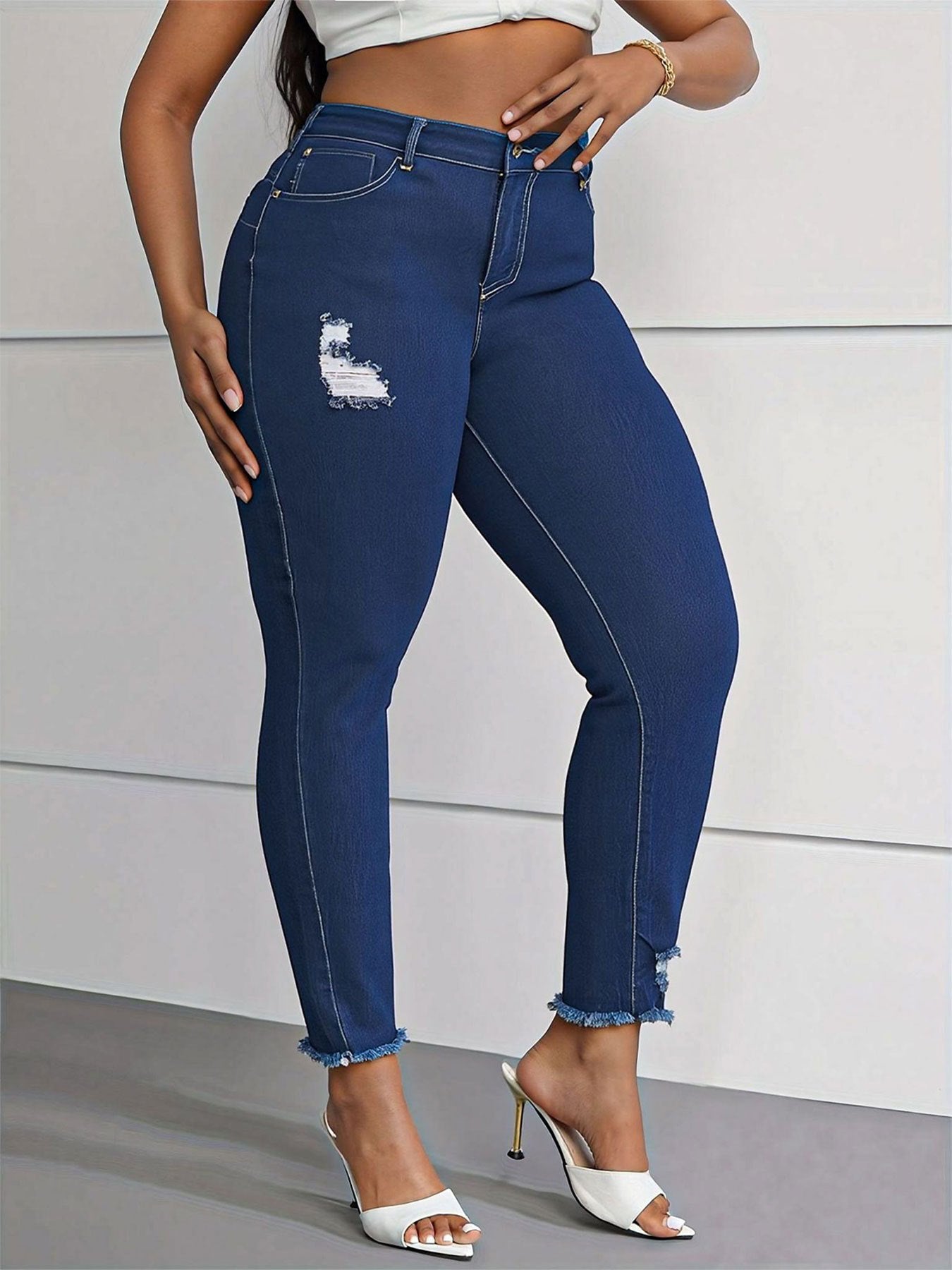 [Torn Skinny Jeans] Large Size Women's Skinny Jeans | Torn with Pockets Casual