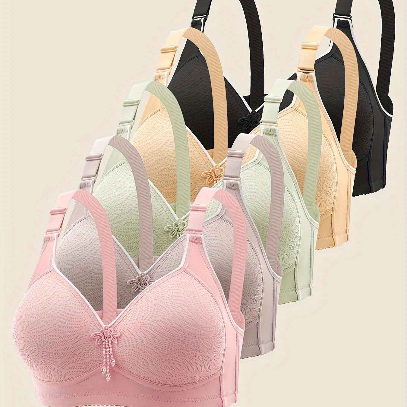 5-Pack Elegant Printed Wireless Bra with Adjustable Straps plaid Wire Free Support in Various Colors