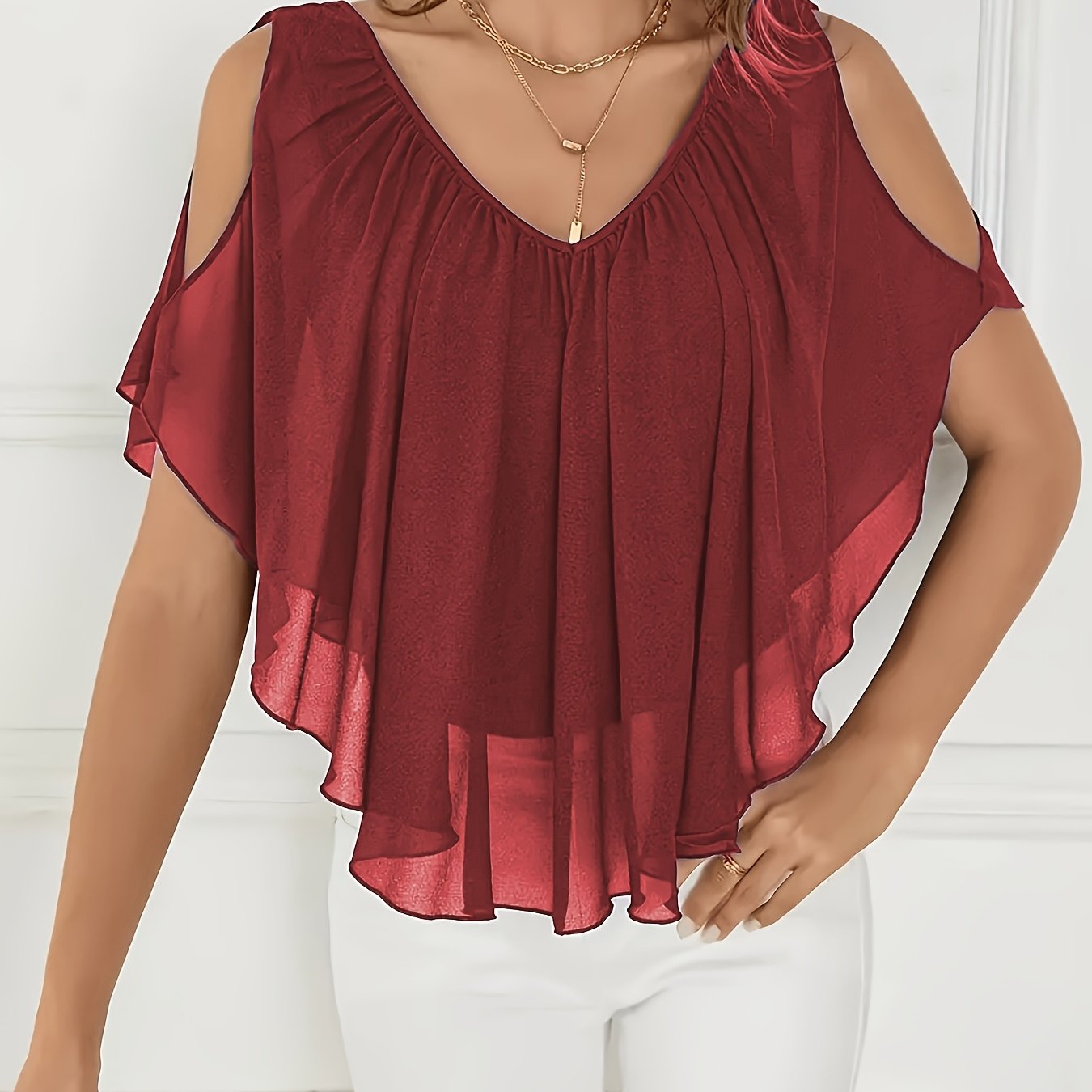 Plus Size - New Spring And Summer Plus-Size Women'S Solid Color Asymmetrical Hem Off-Shoulder Ruffled Chiffon Blouse