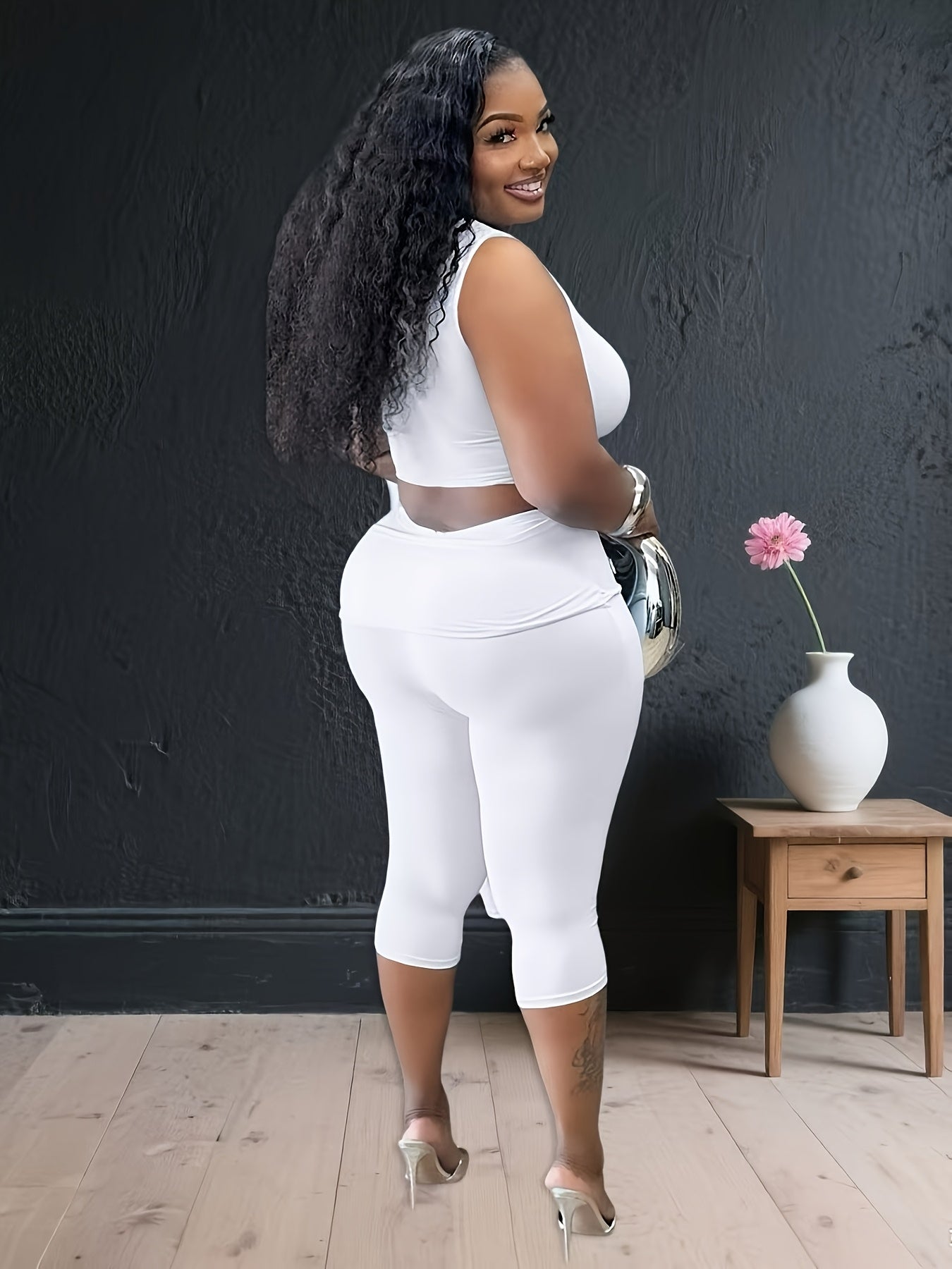 Plus Size - Fashion One-shoulder Strap Two-piece Suit Women'S High Waist Strap Leggings Casual Suit
