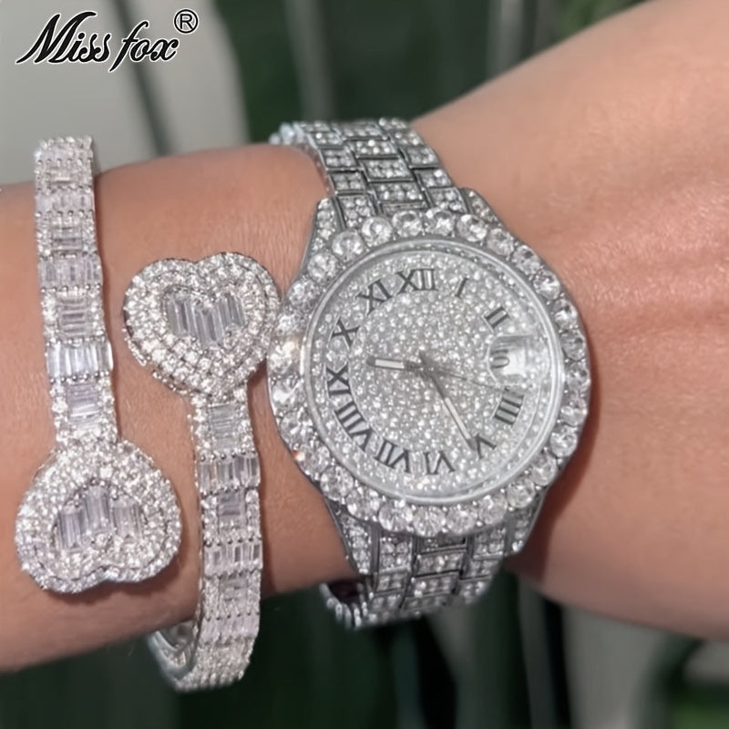 MISSFOX Elegant Quartz Watch for Women - Luminous, Round Alloy Case, Hip-Hop Iced-Out Design with Sparkling Crystals, Perfect for Casual or Formal Wear, Ladies Watches