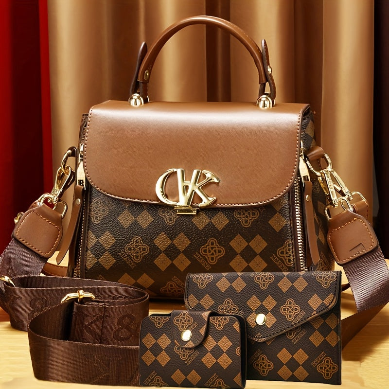 Women'S Handbag Set - Elegant Brown & Golden Tote with Detachable Strap, Zipper Closure, Polyester - Stylish Everyday & Formal Purse for Women, Versatile For Casual & Formal Occasions, Ladies Handbags, Urban Style, Durable Co