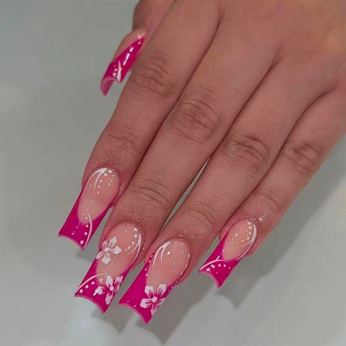 24pcs Rose Red Medium Square Press-On Nails with French Tips and Floral Design, Includes Jelly Glue and Nail File, for Women and Holiday and Daily Wear