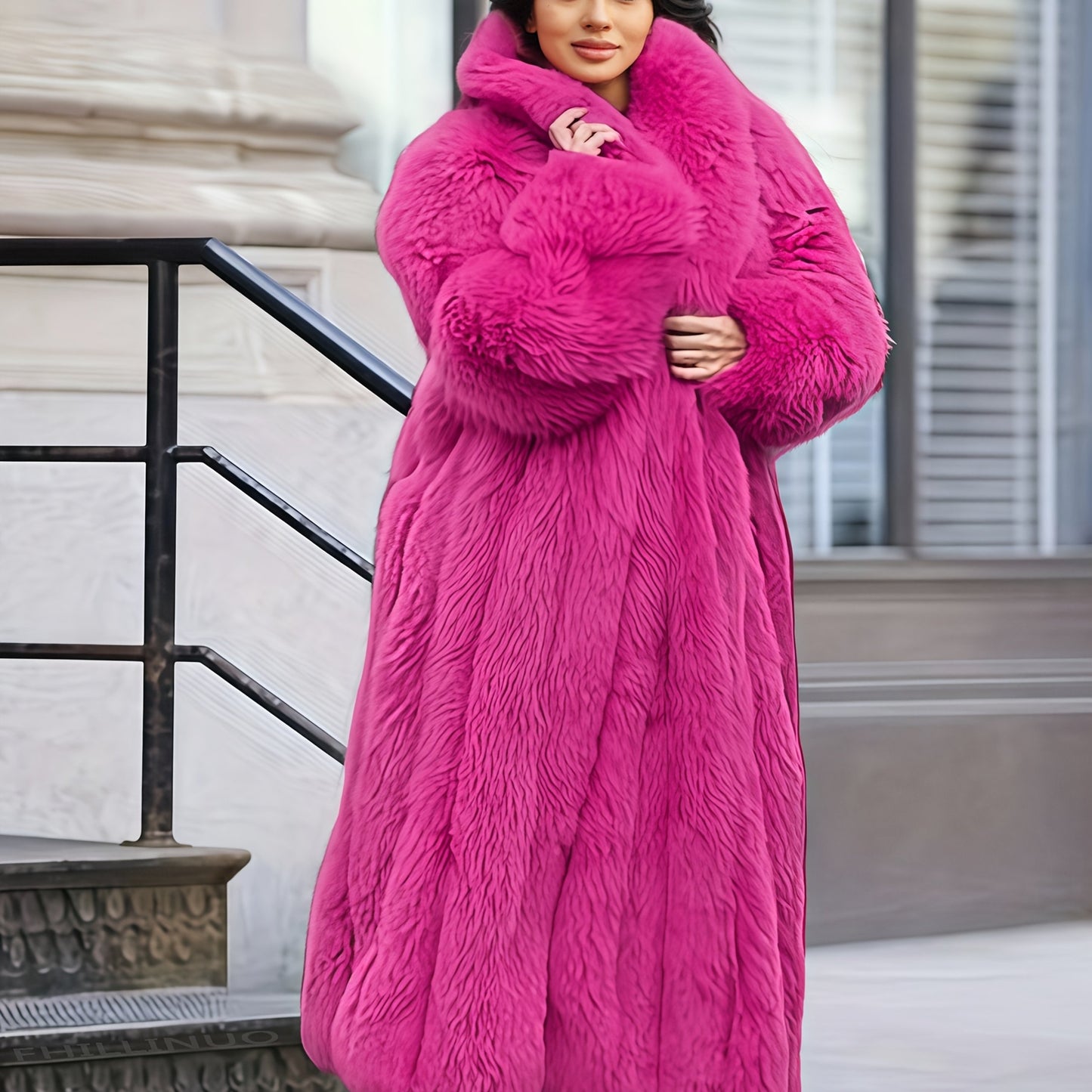 Plus Size - Plus Size Long Faux Rabbit Coat for Women | Stylish and Casual with Elegant Vibe, Non-Stretch Fabric, Lapel Collar, Solid Color, Regular Sleeve, Long Length, Fall/Winter Season