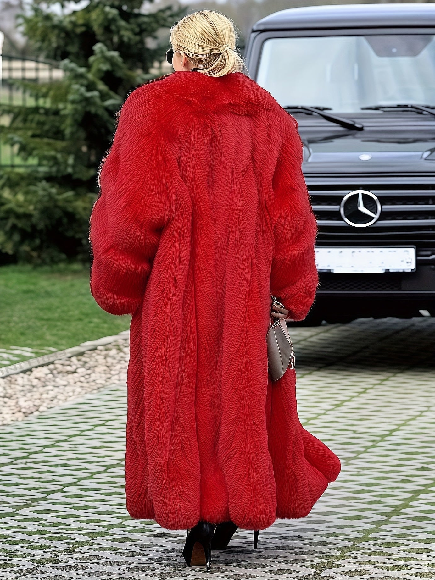 Plus Size - Plus Size Long Faux Rabbit Coat for Women | Stylish and Casual with Elegant Vibe, Non-Stretch Fabric, Lapel Collar, Solid Color, Regular Sleeve, Long Length, Fall/Winter Season