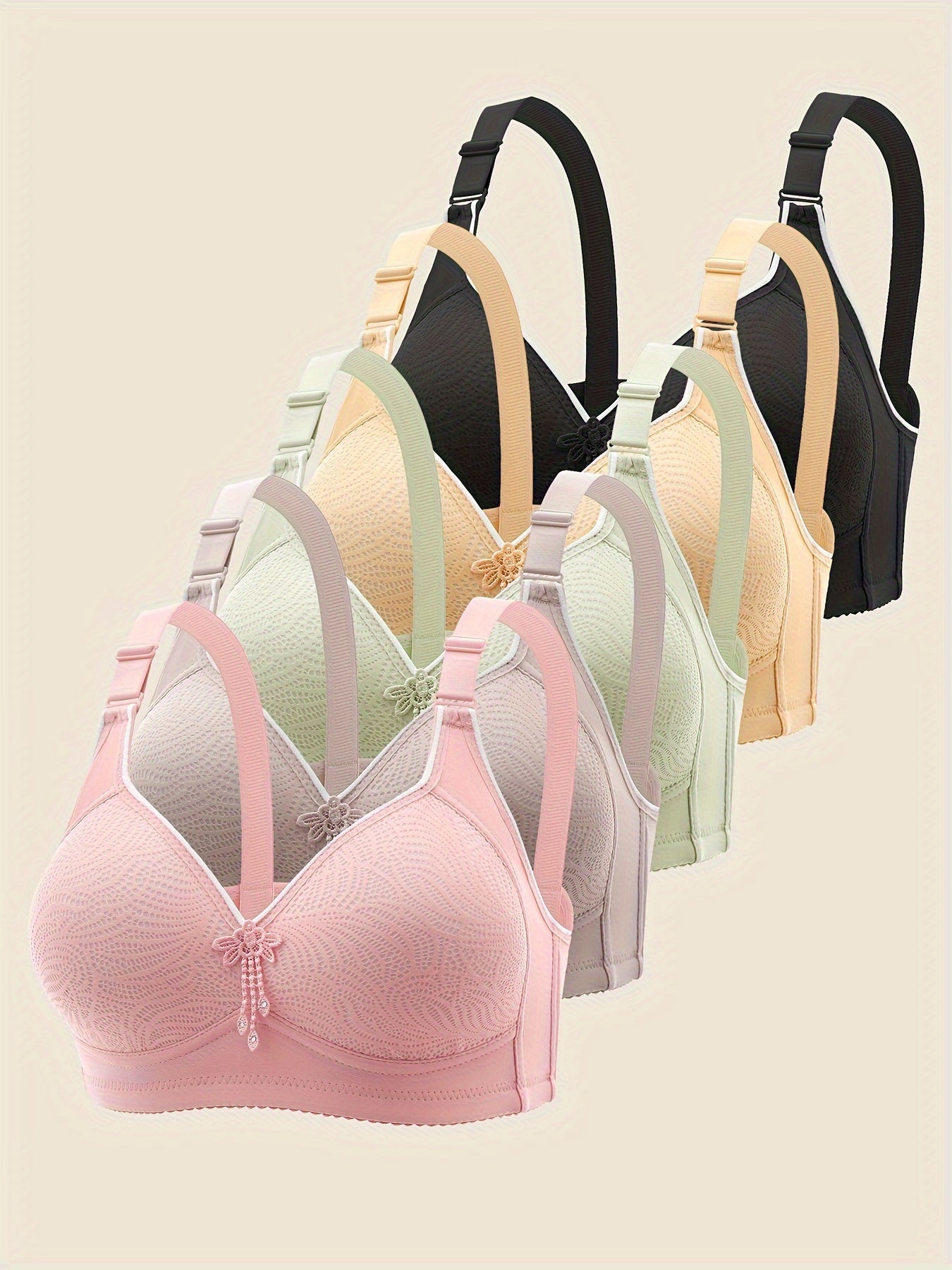 5-Pack Elegant Printed Wireless Bra with Adjustable Straps plaid Wire Free Support in Various Colors