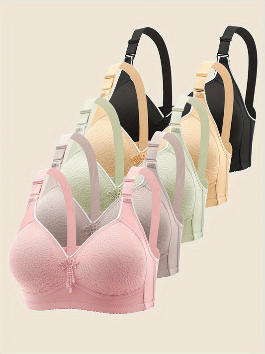 5-Pack Elegant Printed Wireless Bra with Adjustable Straps plaid Wire Free Support in Various Colors