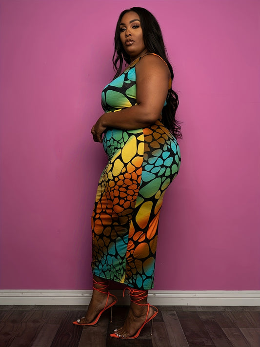 Plus Size - Plus Size Women'S Summer Casual Fashion Sexy Color Block Leopard Print Round Neck Sleeveless Crop Top + Color Block Leopard Print Sexy Bodycon Back Slit Skirt Two-Piece Set