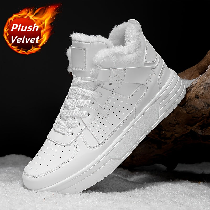 WANWEISI Men's Winter High-Top Thick-Sole Sneakers with Plush Fleece Lining - Heavy-Duty & MD Sole, Lace-Up Winter Boots for Hiking, Outdoor, Casual & Casual Attire - Warm Thermal Insulation, Cushioned Comfort, White/Black/Re