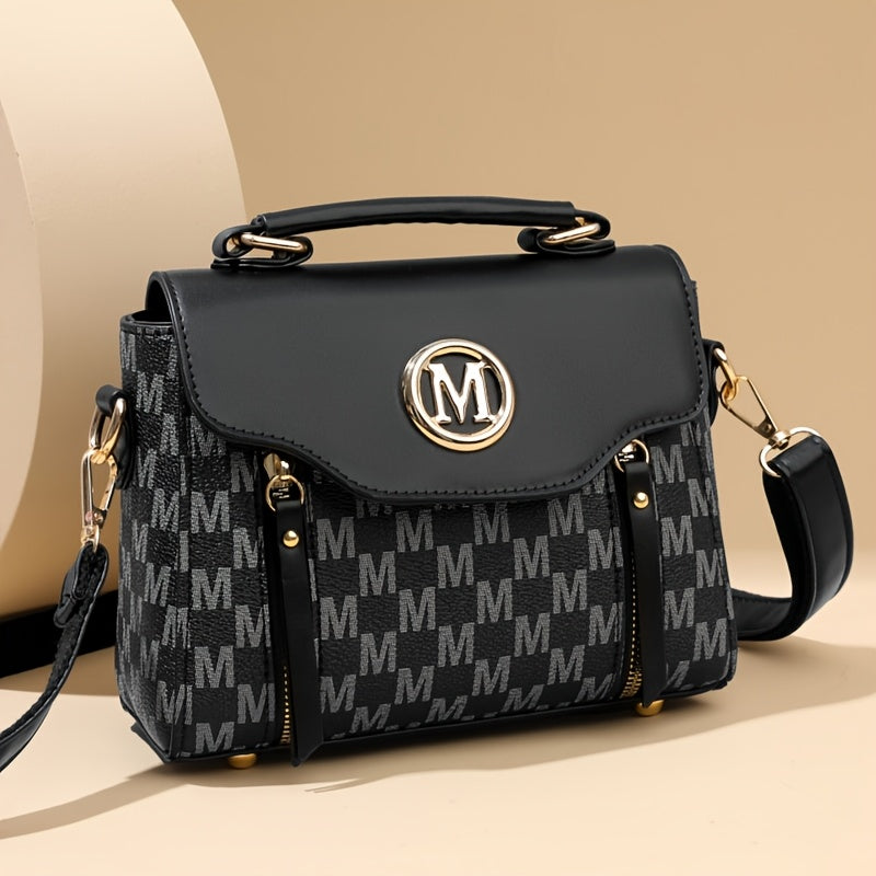 Vintage Geometric Women's Handbag - Large Capacity PU Shoulder Bag with Golden-Tone Hardware, Herringbone Pattern & Letter "M" Design, Detachable Strap, Perfect for Everyday Use (Light Brown/White/Black)