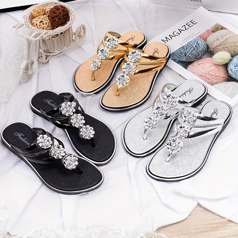 [Elegant Sandals] Lightweight Elegant Women’s Rhinestone Flat Sandals | Casual Outdoor Herringbone Slippers with Sparkling Metallic Accents, Beach Footwear, PVC Sandals, Summer Sandals