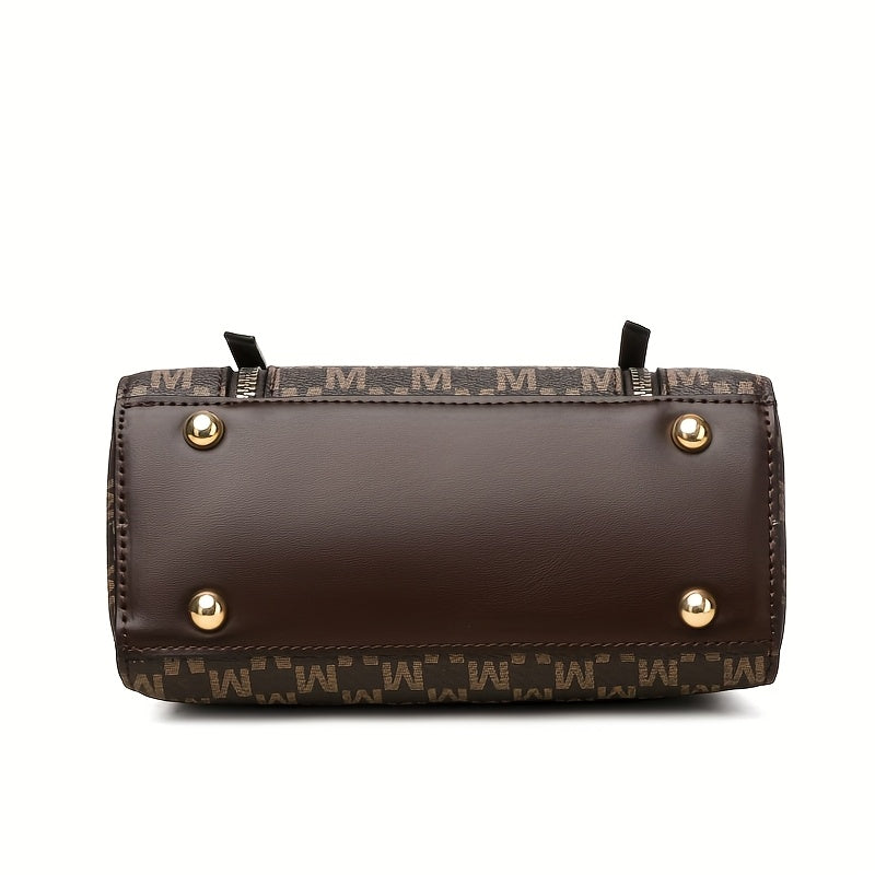 Vintage Geometric Women's Handbag - Large Capacity PU Shoulder Bag with Golden-Tone Hardware, Herringbone Pattern & Letter "M" Design, Detachable Strap, Perfect for Everyday Use (Light Brown/White/Black)