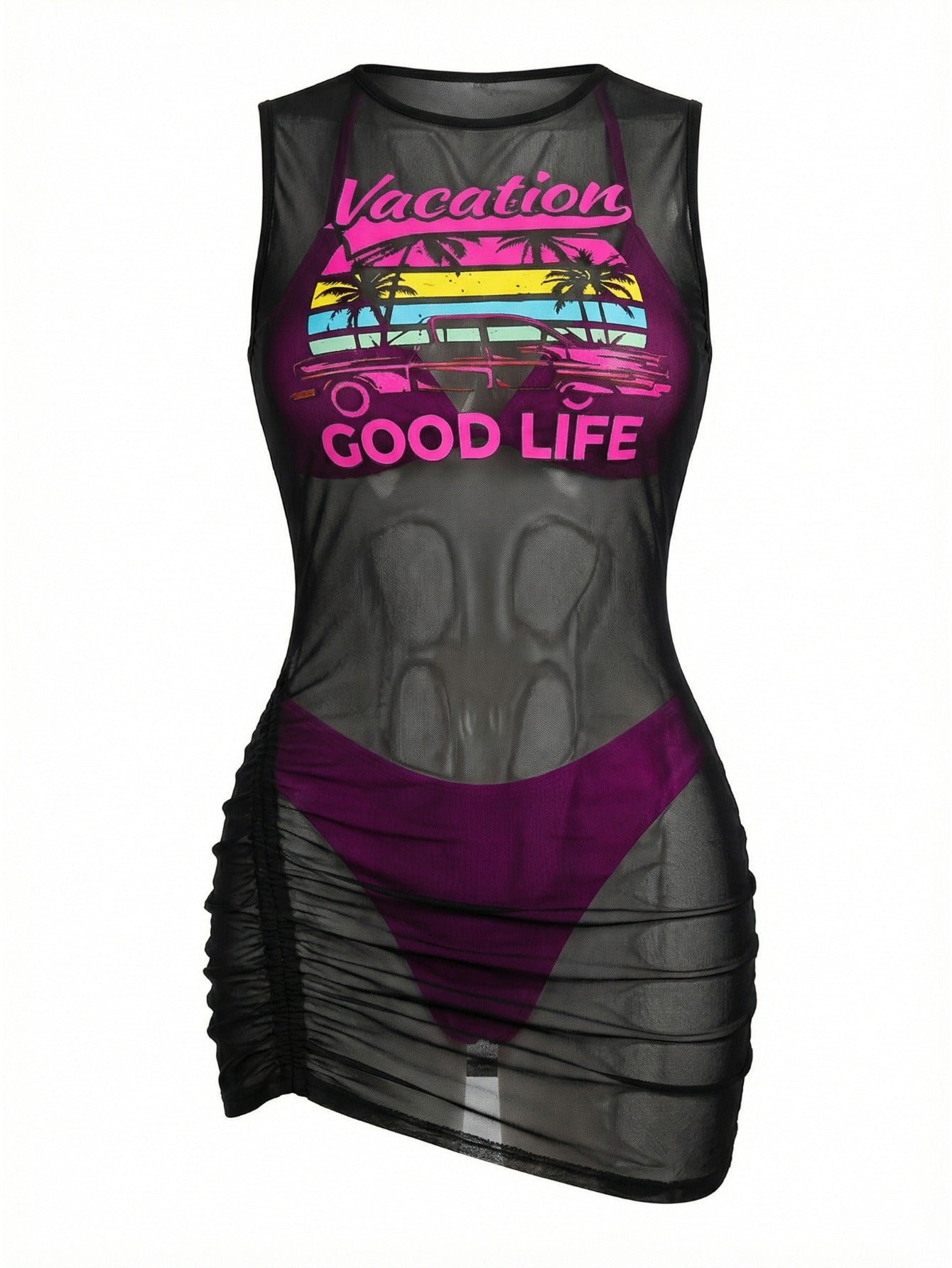 2026 New Plus Size Trendy Swimsuit Set Black Purple Color Block Mesh Print Cover Up Triangle Bottom Gather Coverage High Waist Soft Women's Summer Vacation Swimwear