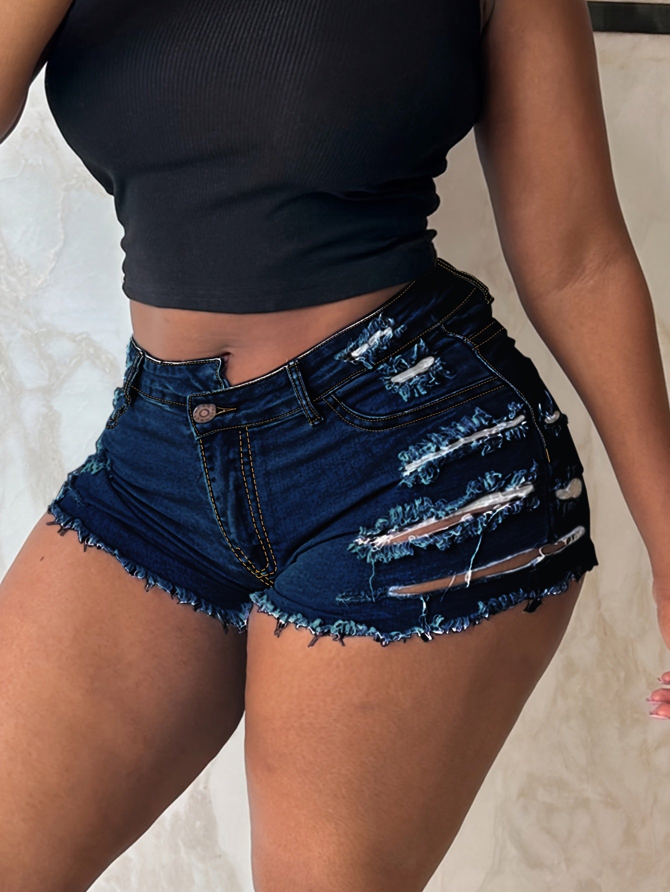 Women's Stretchy Distressed denim-like Jeans Shorts - Skinny fit Mid-Rise with Raw Hem Tears & Frayed Edges, Non-See-Through Viscose Blend for Casual Outfits, Beach Parties, Everyday Summer Wear - Machine Washable, Denim Shor