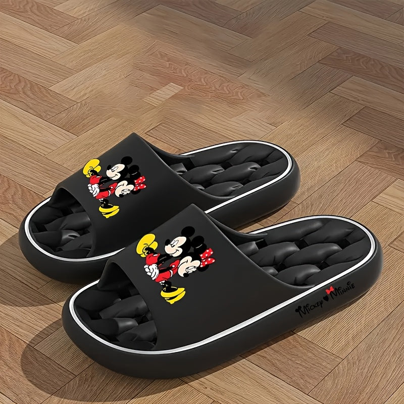 1 Pair Disney Mickey & Minnie Sitting Back-to-Back Cartoon Slip-On Slippers - Soft EVA Breathable Open-Toe Unisex Indoor/Outdoor House Shoes with Anti-Slip Sole, Cute Character Design for Women & Men (Beige/Black), All-Season