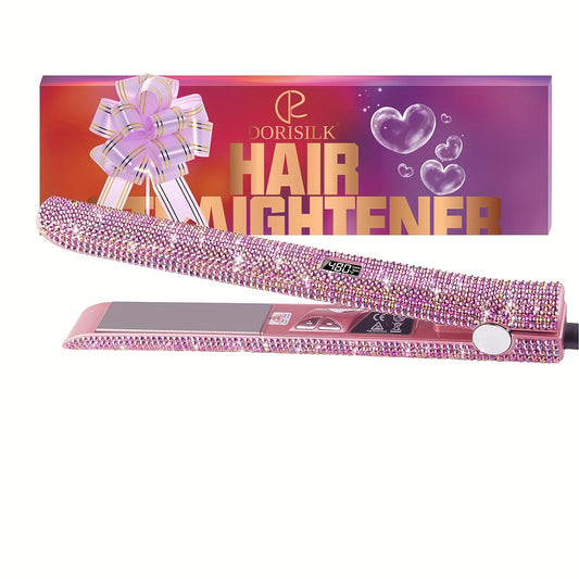 DORISILK 480°F High Temp Hair Straightener and Curler, Titanium Flat Iron Rhinestone Straightening Iron, 2 in 1 Straightening Curling 1" Salon Professional Dual Voltage Crystal Bling Rose Pink