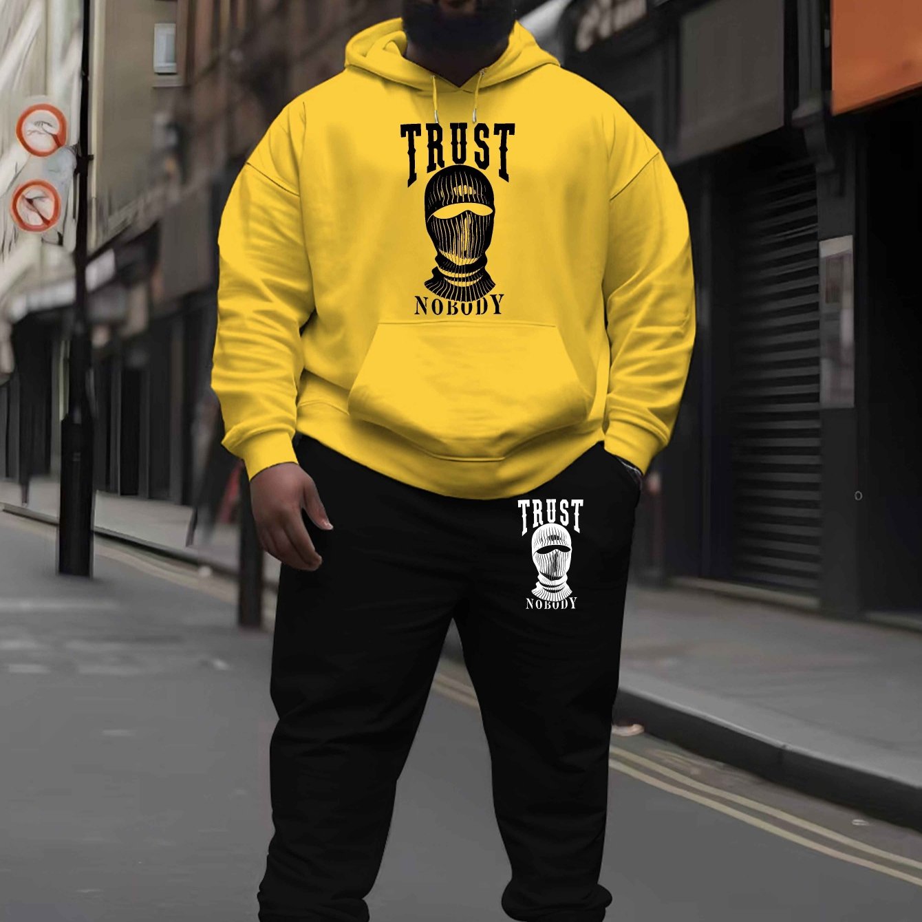 Trust Nobody Men's Large Size Autumn and Winter Hooded Sweatshirt Set New Men's Trendy Printed Drawstring Hoodie Casual Sports Top Set, PLUS SIZE