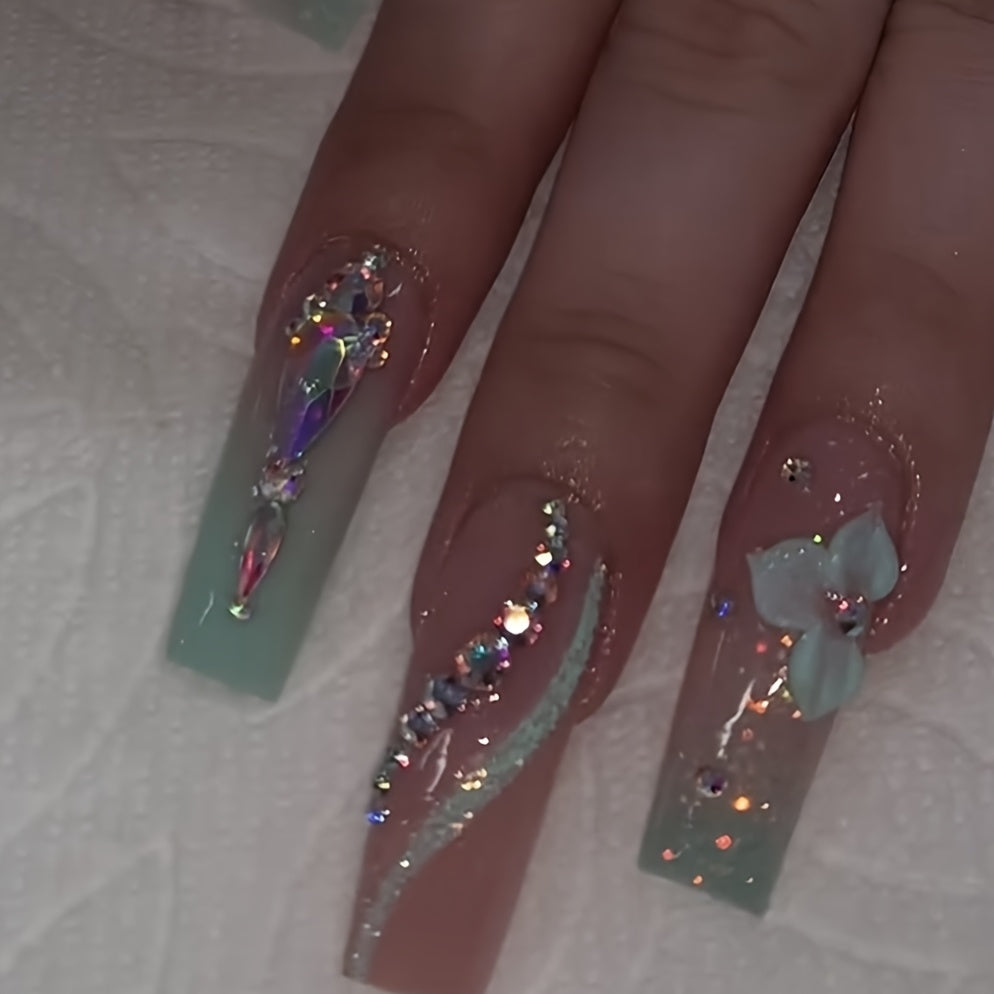 Ten-piece pack of handmade wearable nails for women, full coverage nail stickers, reusable square Glitter glitter hand-painted manicure green nude style 3D handmade three-dimensional carved full Glitter shiny gradient