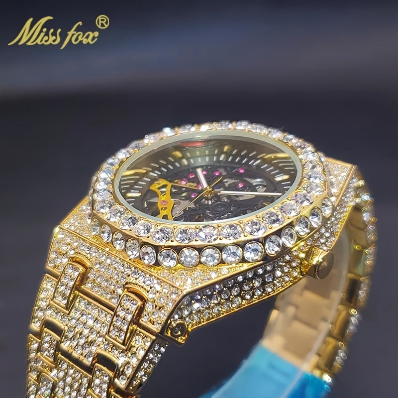 MISS FOX Men'S Luxury Golden Rhinestone Wrist Watch - Hip-Hop Ice Automatic Mechanical Movement, Round Analog Display with Glitter Embellishments, Zinc Alloy Band, Fashionable Large Dial Timepiece for Parties & Formal Events,
