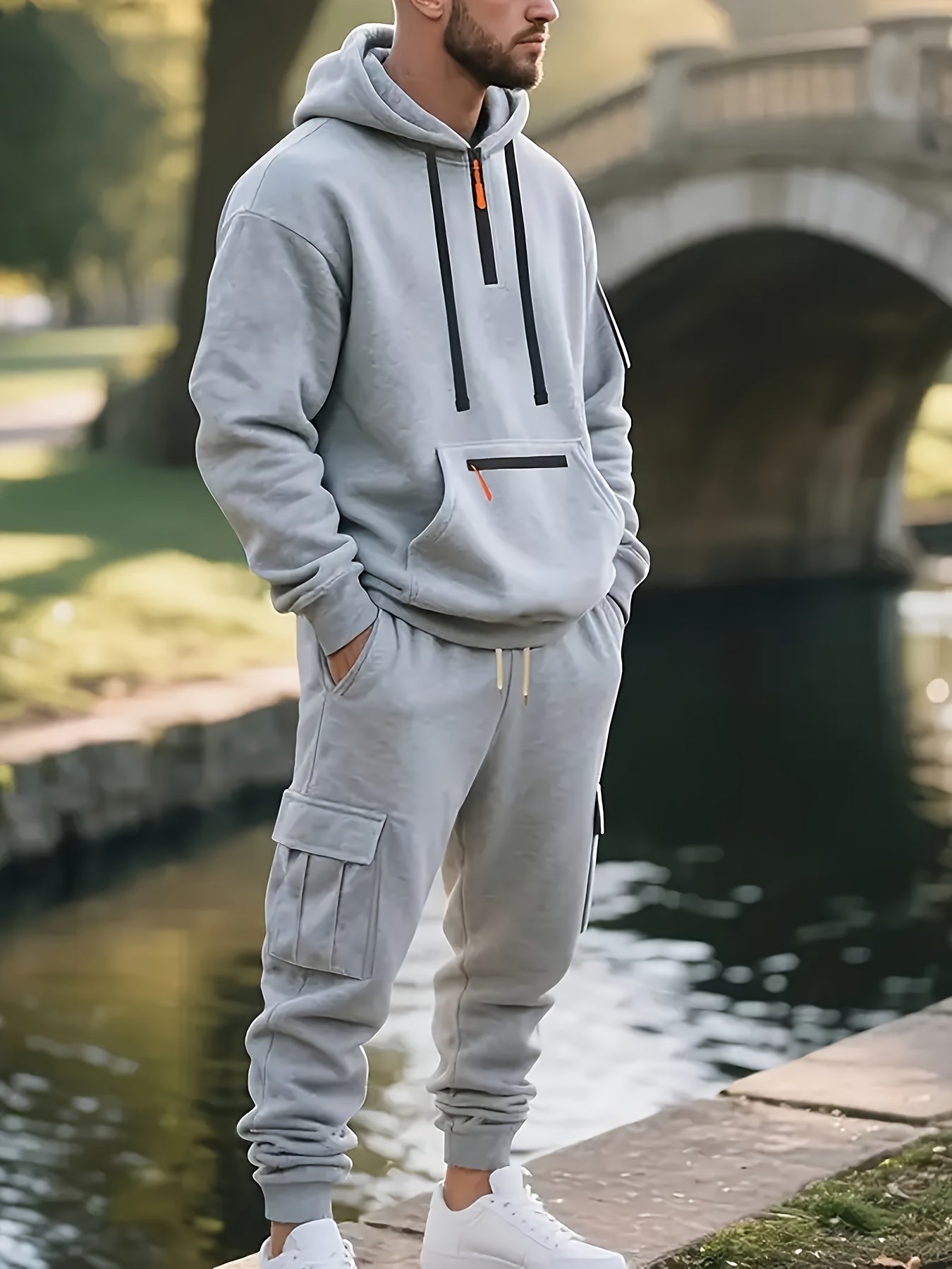 Men'S Style Casual Sportswear Set - Thickened Hooded Sweatshirt & Joggers with Pockets, Long Sleeve, Regular Fit, Solid Color, Button Detail, Fall/Winter Collection