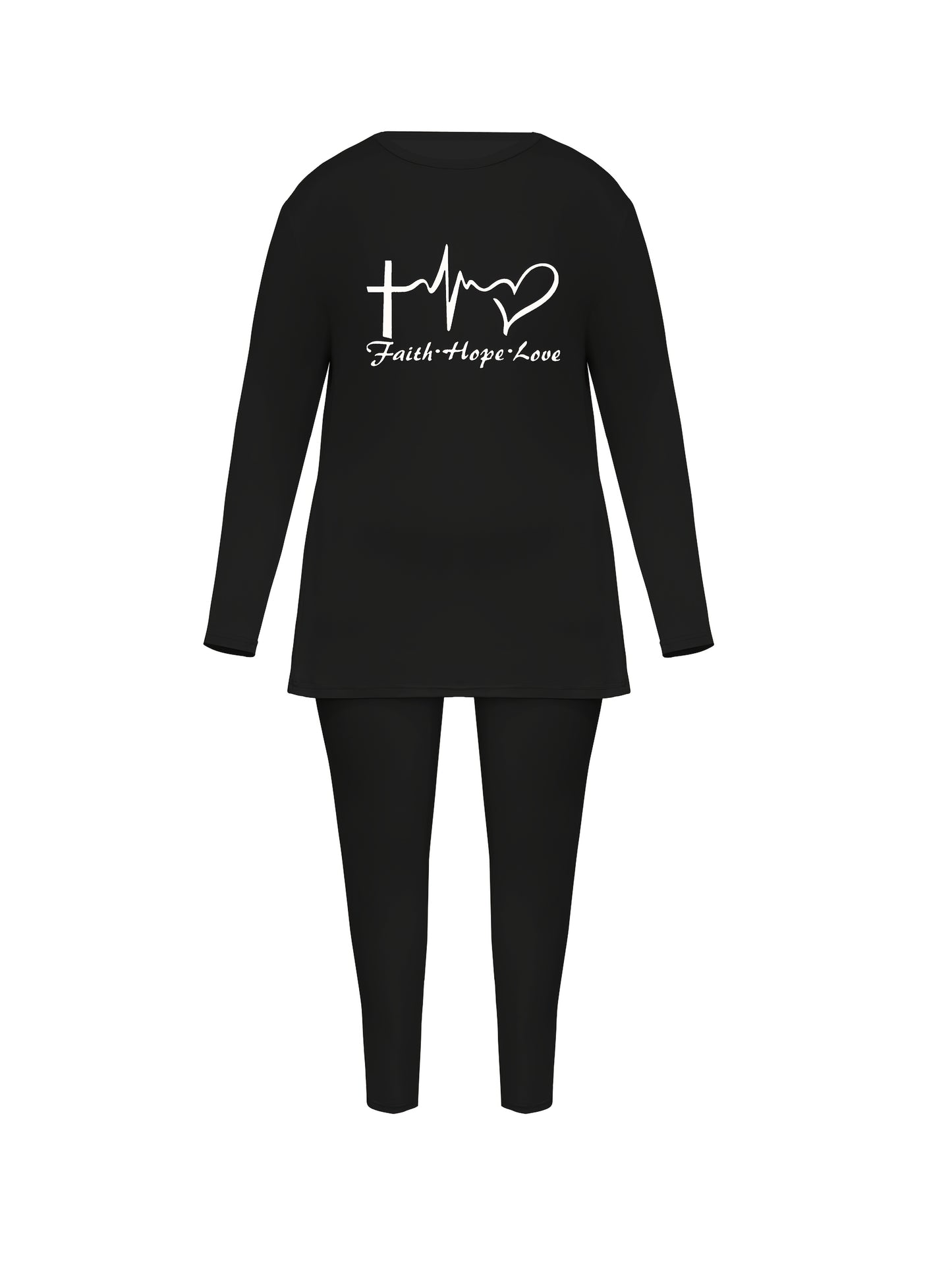 Plus Size - Plus Size - Women'S Plus Size Casual Crew Neck Long Sleeve Top & Pants Set - "Faith, Hope, Love" Letter Print with Pockets, Stretchy Polyester Blend, Black, Everyday Comfort Wear, Everyday Comfort Wear | Relaxed F