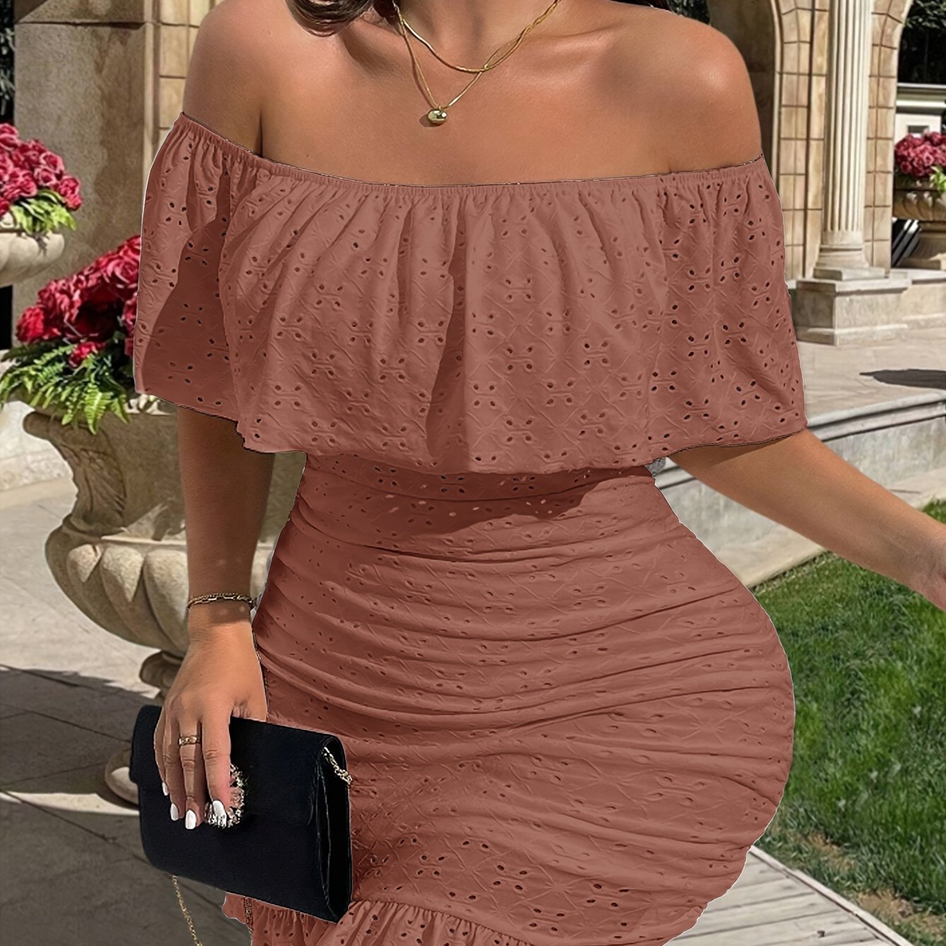 Elegant Off-Shoulder Bodycon Dress with Geometric Pattern - Stretchy Fabric, Frill Detail, All-Season Wear, Plus Size, Stylish Evening Attire|Elegant Offshoulder Style|Stretchy Dress