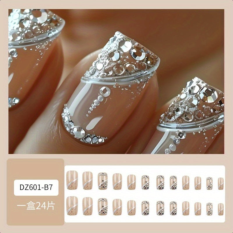 24pcs Square Press on Nails Rhinestone Fake Nails Glossy Nude Glue on Nails Full Cover False Nails Reusable Acrylic Nail Kit Cute Artificial Stick on Nails for Women DIY Manicure Decorations