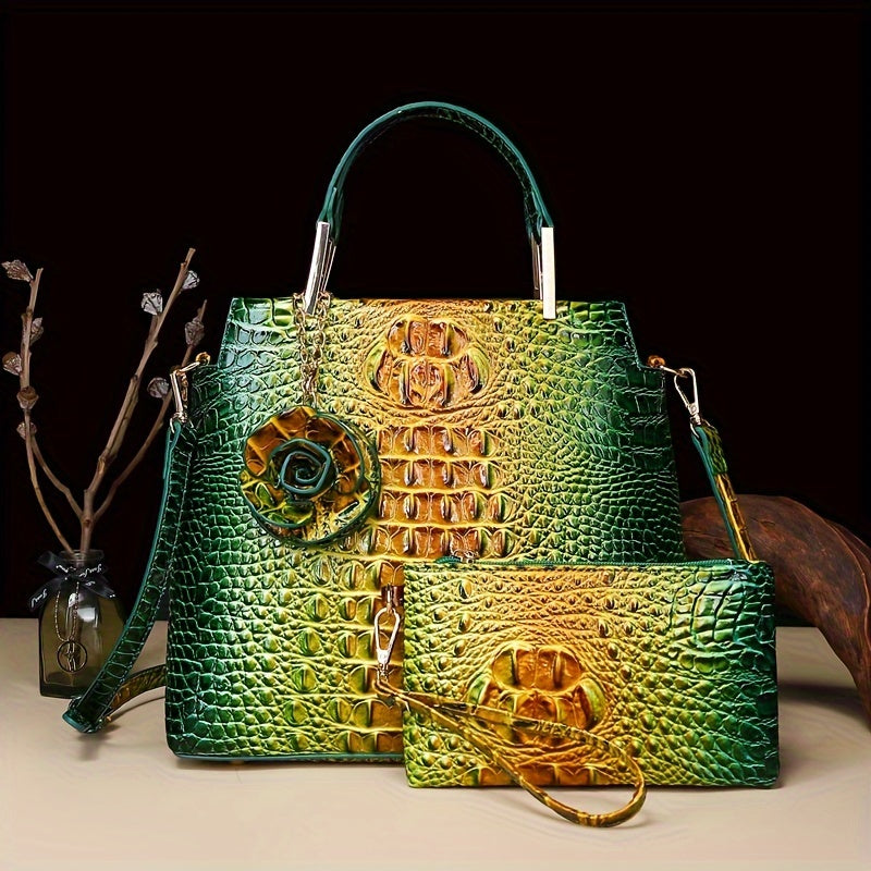 2pcs Crocodile Print Handbag Set - Fashionable Vintage Style, Multi-Functional Top Handle Crossbody, Business Clutch & Coin Purse - Spacious, Secure, Ideal for Everyday Chic
