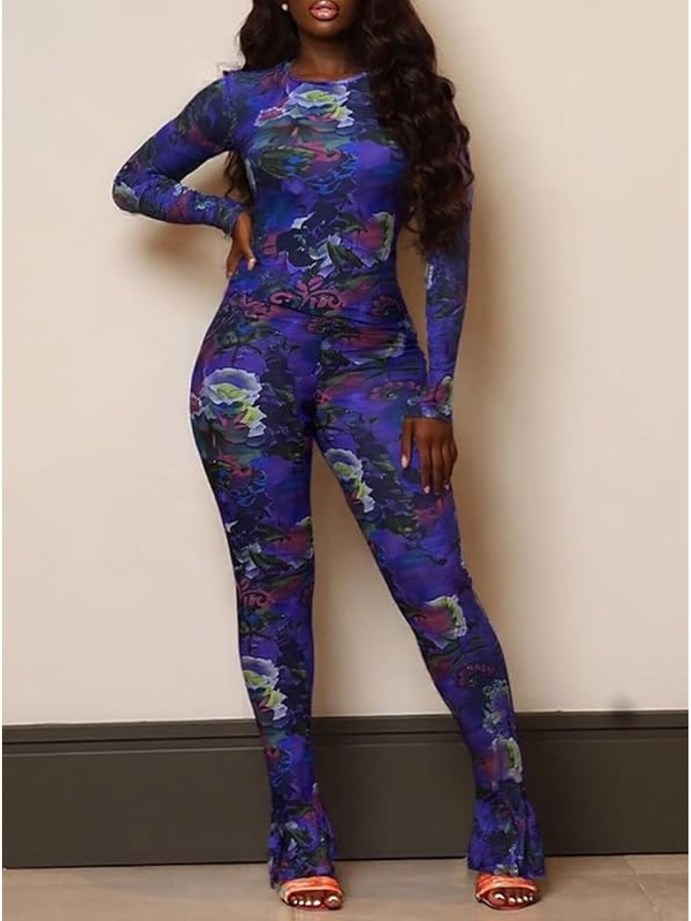 Women Two Piece Set Floral Print See-Through Mesh Long Sleeve Round Neck Top and Pants Set Long Sleeve Round Neck Cropped Top and High Waist Flared Pants Set Y2K Style Suitable for Leisure, Party, Festival