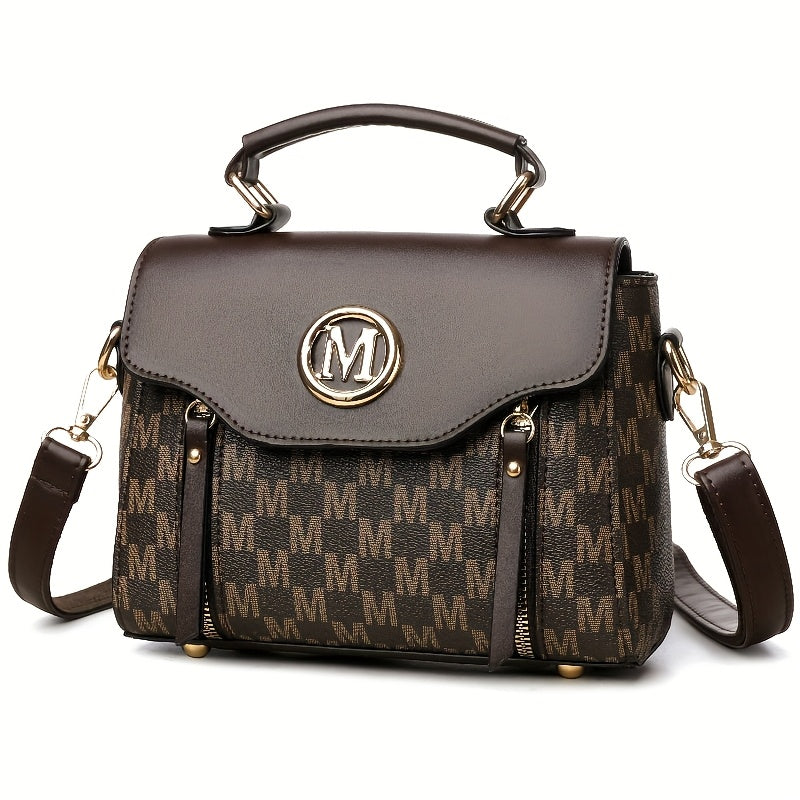 Vintage Geometric Women's Handbag - Large Capacity PU Shoulder Bag with Golden-Tone Hardware, Herringbone Pattern & Letter "M" Design, Detachable Strap, Perfect for Everyday Use (Light Brown/White/Black)