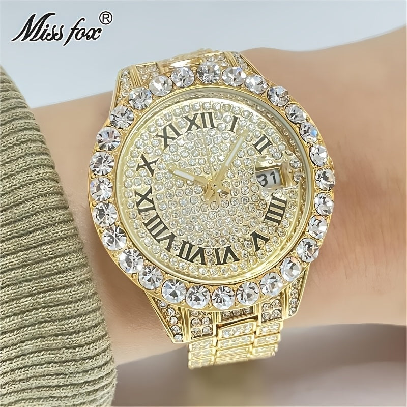 MISSFOX Elegant Quartz Watch for Women - Luminous, Round Alloy Case, Hip-Hop Iced-Out Design with Sparkling Crystals, Perfect for Casual or Formal Wear, Ladies Watches
