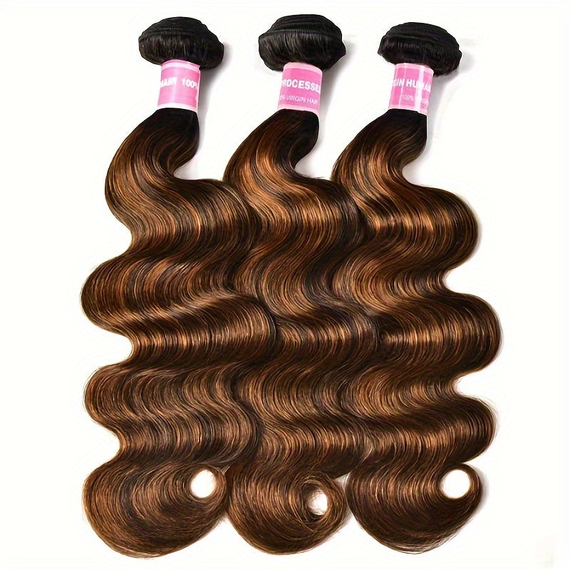 [100% Human Hair Bundles] 3/4pcs Deal 100% Human Hair Klaiyi Brown Balayage Body Wave Human Hair Bundles - Pre Colored Extensions