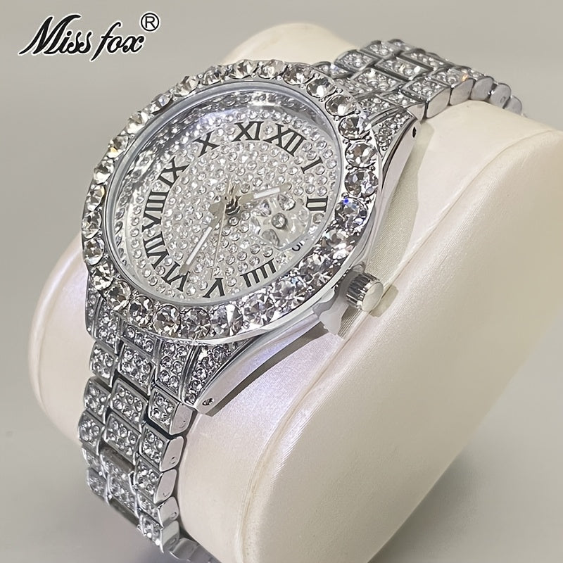 MISSFOX Elegant Quartz Watch for Women - Luminous, Round Alloy Case, Hip-Hop Iced-Out Design with Sparkling Crystals, Perfect for Casual or Formal Wear, Ladies Watches