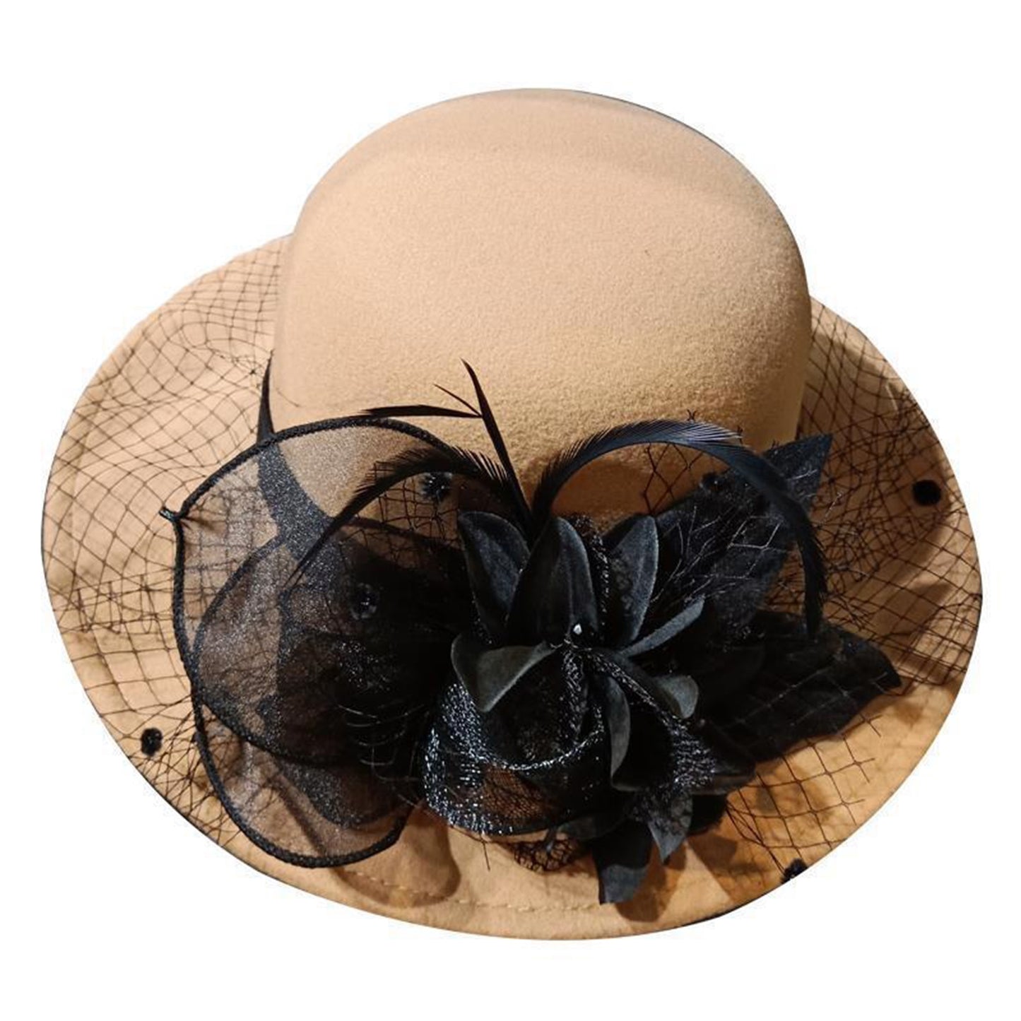 Women's Wide Brim Fedora Hat with Black Lace Veil & Floral Decor - Non- Derby Cap for Church, Bridal Tea Party, Formal Events