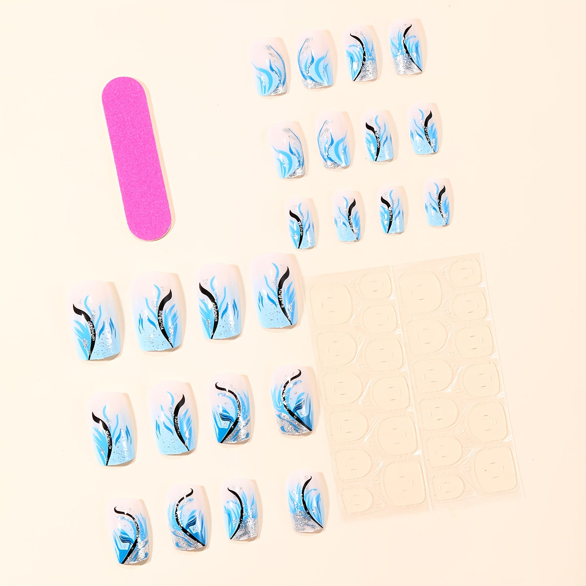 24pcs Full Coverage False Nails Press - Gradient Blue Ombre Square Medium Length with Irregular Plant Line Designs & Shiny Glossy, Nail Art Suitable for Women for Daily Wear & Parties