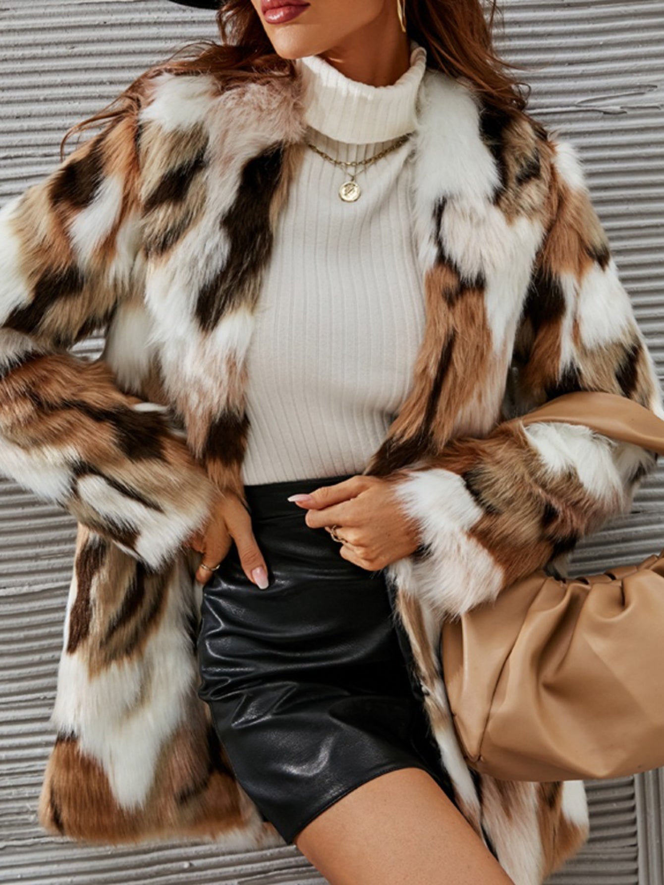 HERTALK Plush Faux Fur Coat - Mid-Length Winter Jacket with Collar & -like Sleeve Trim, White/Beige/Brown/Tan/ - Hand Washable Outerwear for Parties,, Casual (No Belt, H-Line Silhouette)