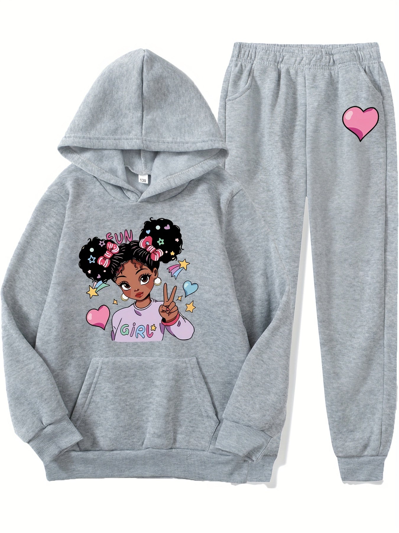 Fashion Cartoon Girl Pattern Print Autumn and Winter Girls' Long Pants Set Casual Hooded Sweatshirt + Joggers 2pcs, Perfect for Outdoor, Casual Attire, Cozy Outfit, Casual Wear, Trendy Design, Durable Material, Long Sleeve To